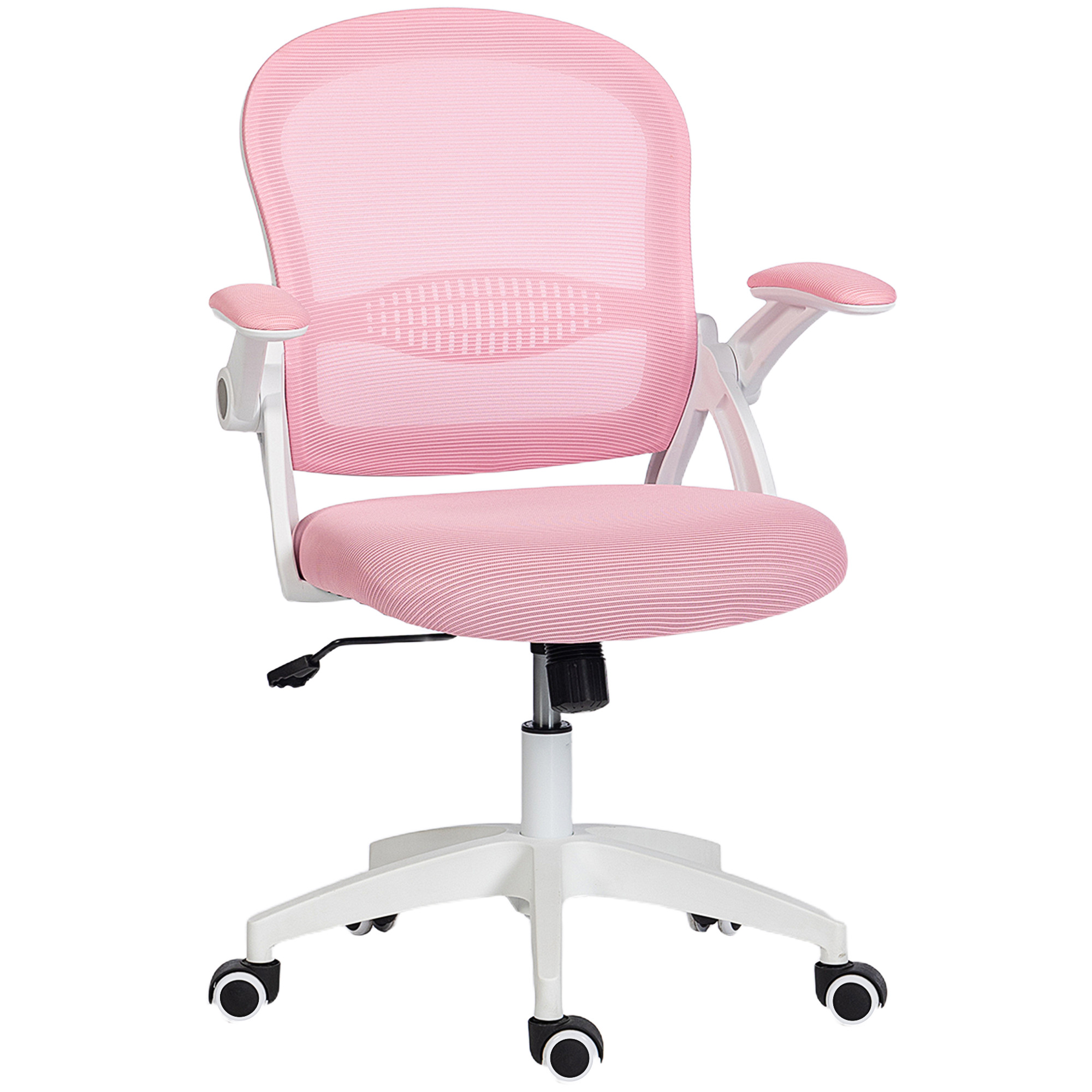 Una sedia da ufficio rosa in rete con braccioli e ruote bianche.