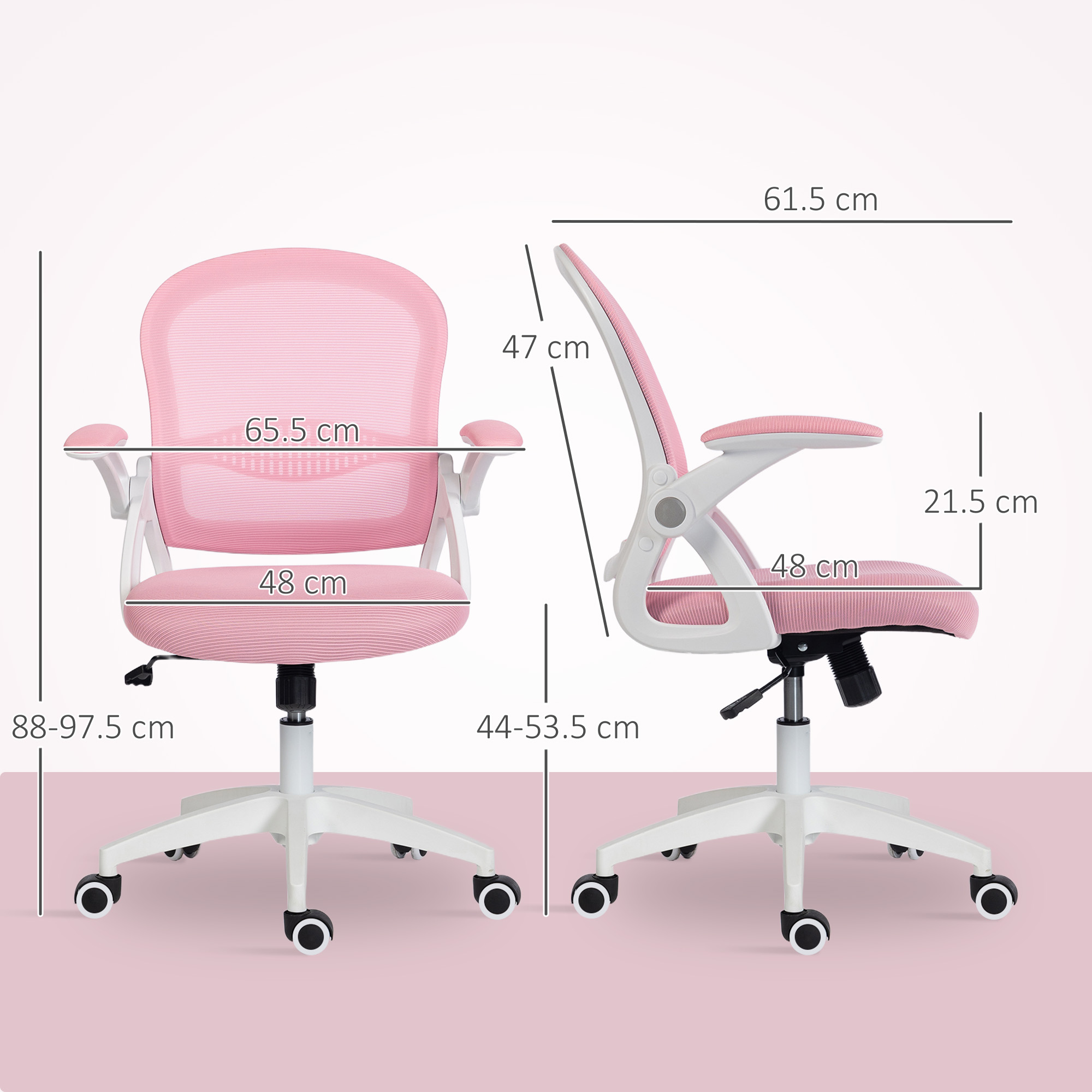Una sedia da ufficio rosa con dimensioni è mostrata frontalmente e lateralmente.