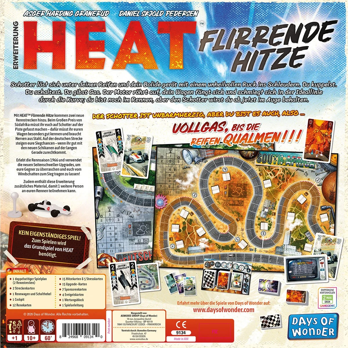 Brettspielbox "HEAT - Flirrende Hitze" mit Rennstrecken, Autos und Spielkarten.