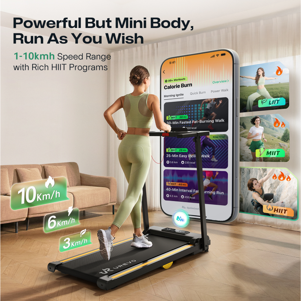 Frau auf Laufband, Smartphone zeigt HIIT-Workouts, Geschwindigkeitsanzeigen.