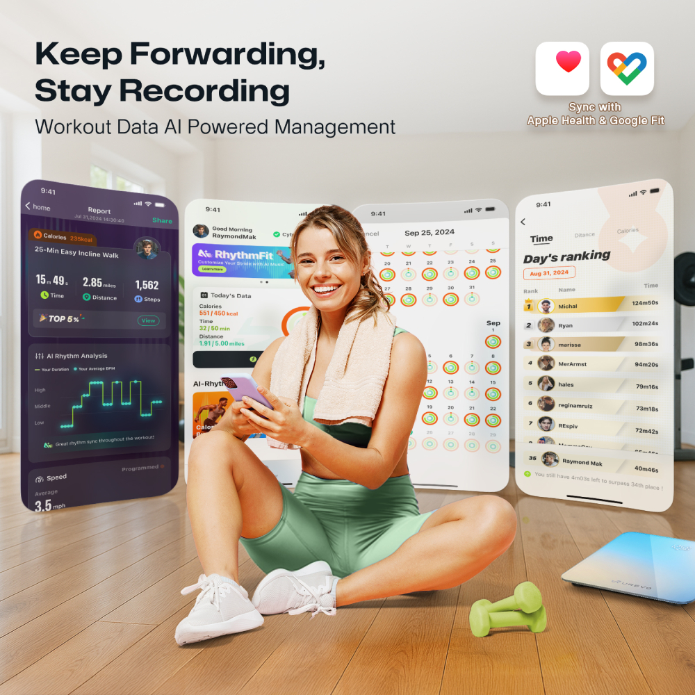 Eine Frau sitzt auf dem Boden und benutzt ein Handy, das Workout-Daten anzeigt. Hanteln liegen daneben.