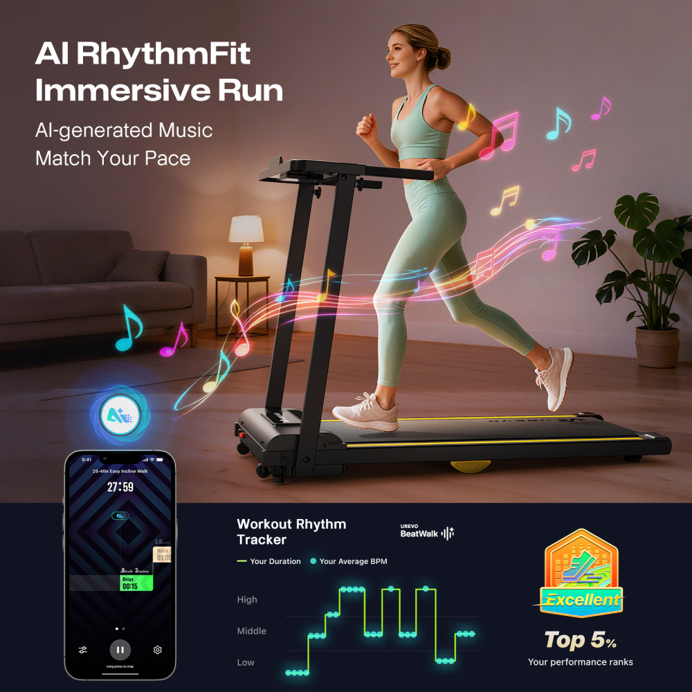 Frau läuft auf Laufband mit Musiknoten. App zeigt Trainingsdaten.