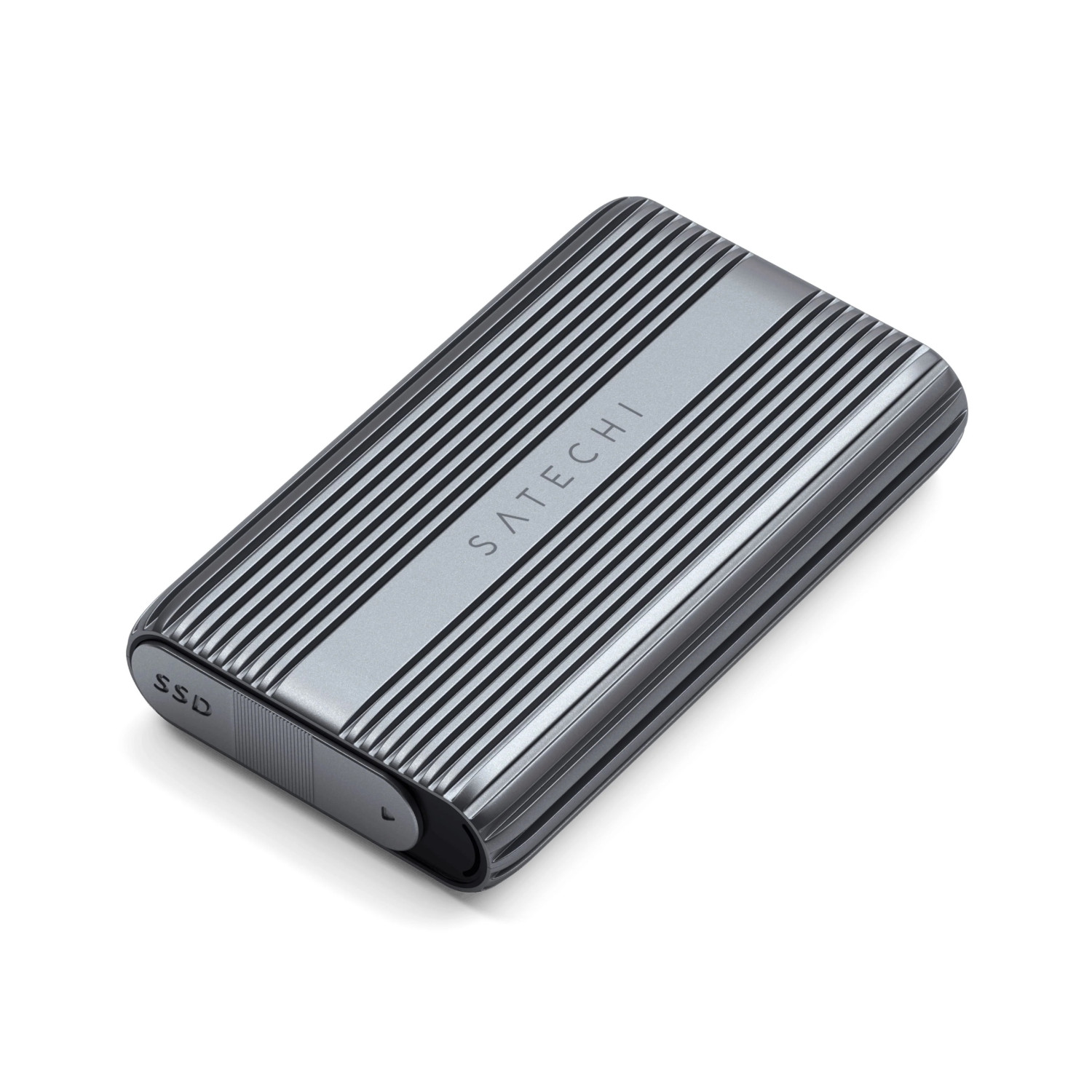 Custodia SSD Satechi grigia con texture a coste e logo.