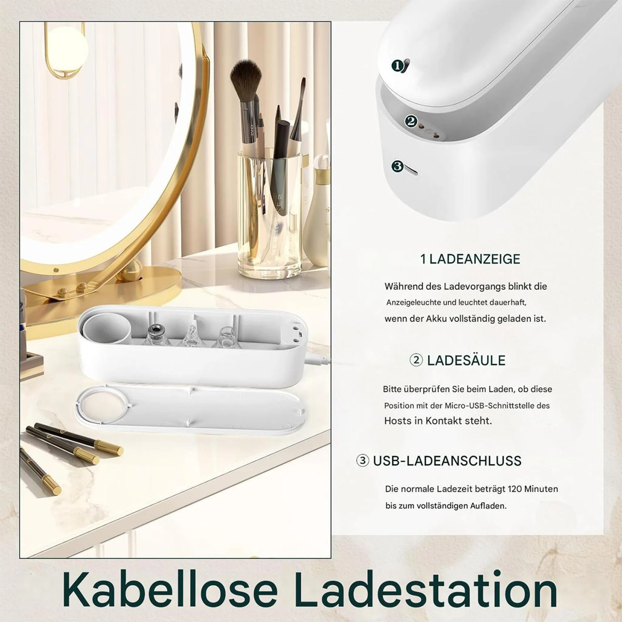 Kabellose Ladestation mit Spiegel und Make-up-Bürsten.