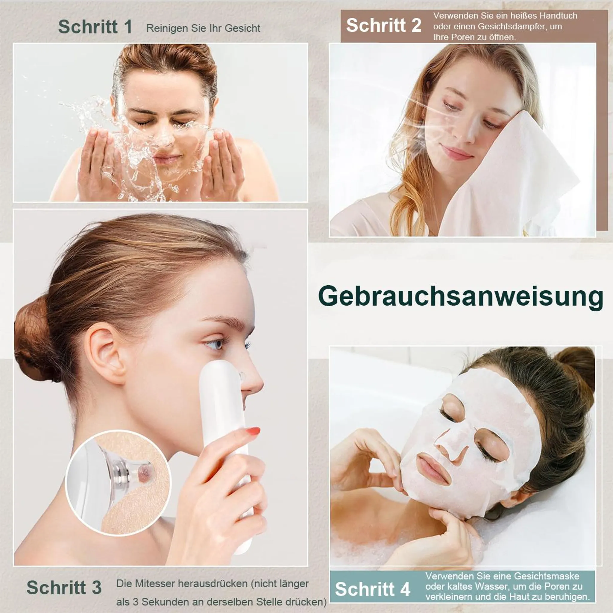 Anleitung: Gesicht waschen, Dampf, Mitesser entfernen, Maske auftragen.