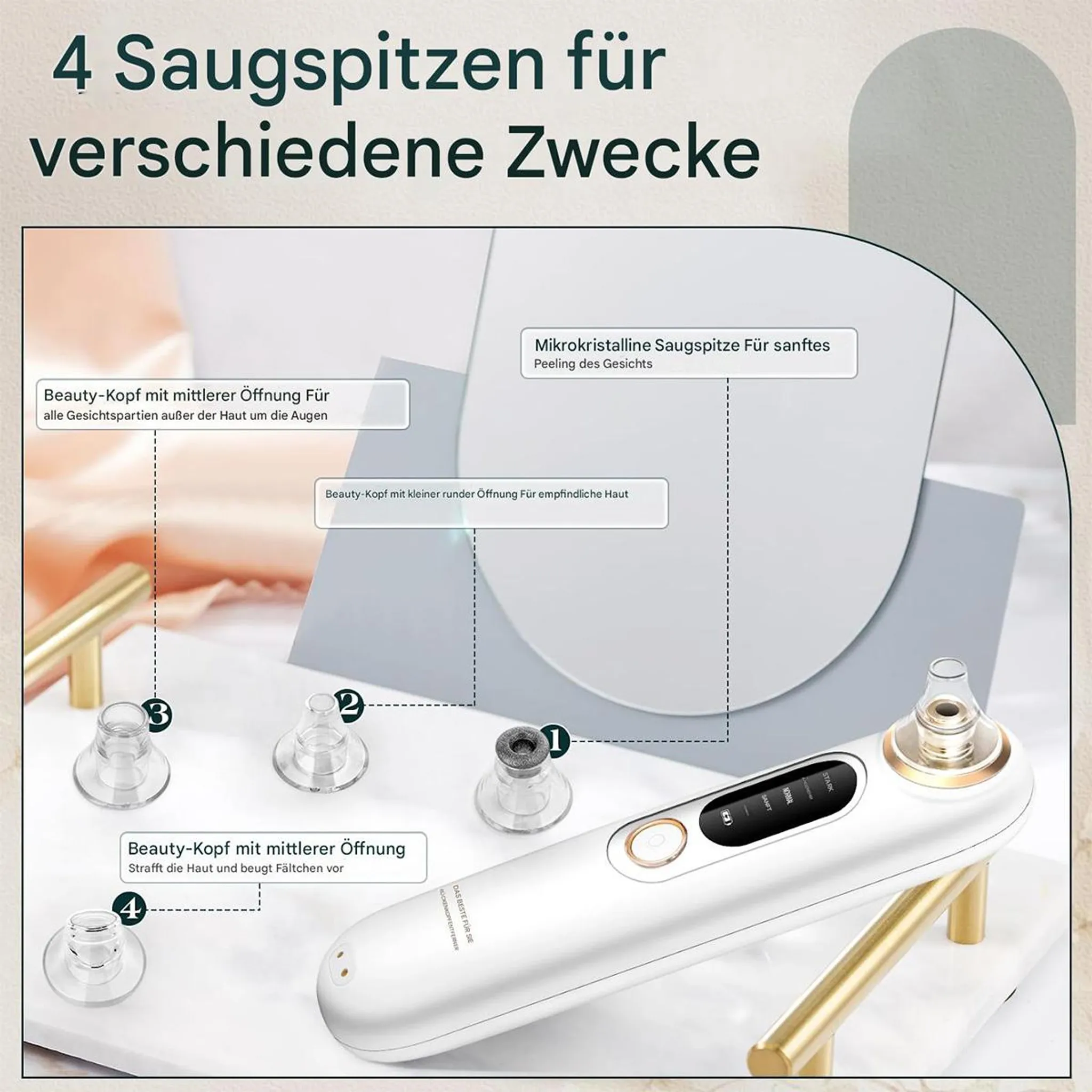 Ein weißes Hautpflegegerät mit vier verschiedenen Aufsätzen, die auf einer Marmorplatte liegen.
