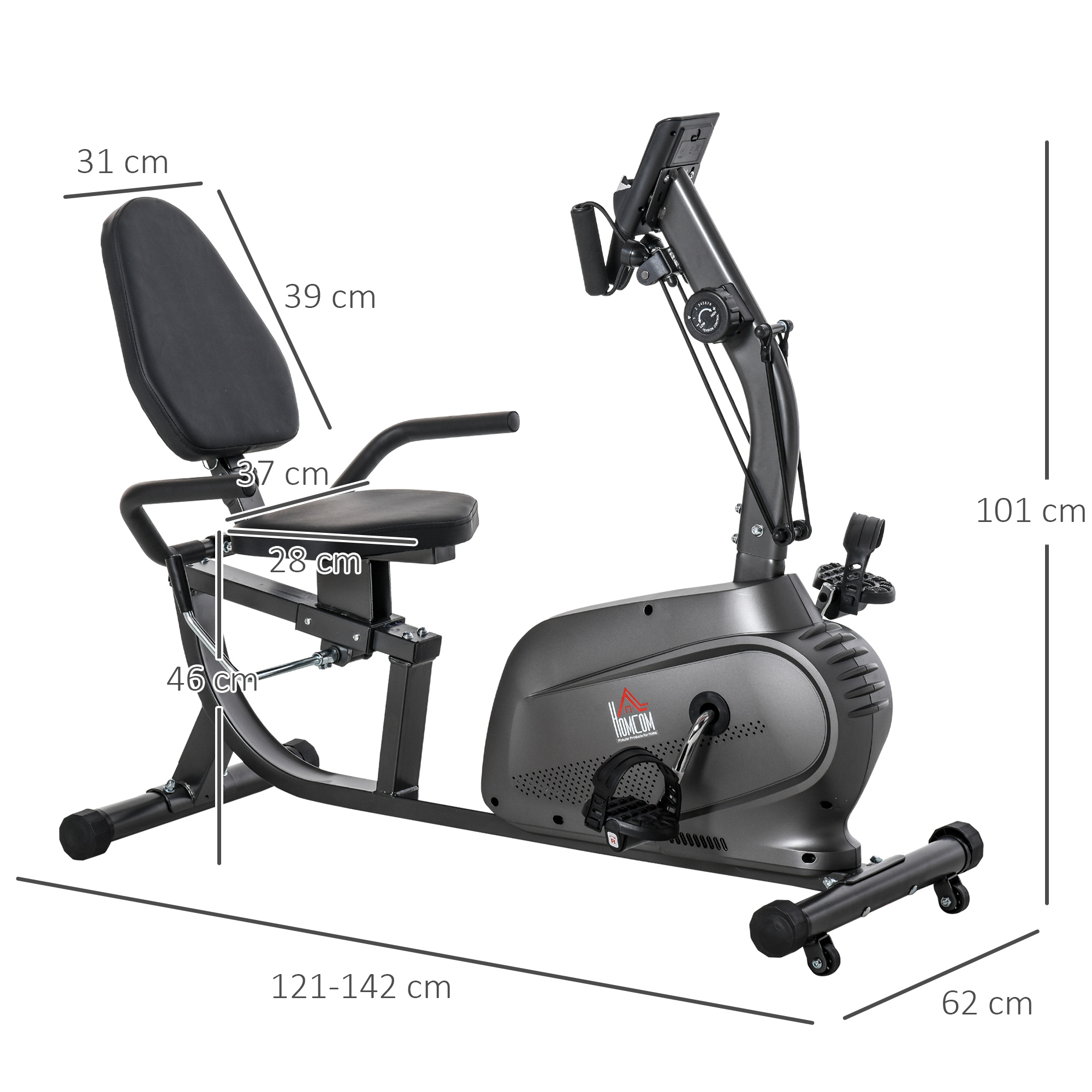 Una cyclette grigia con sedile, schienale e dimensioni.