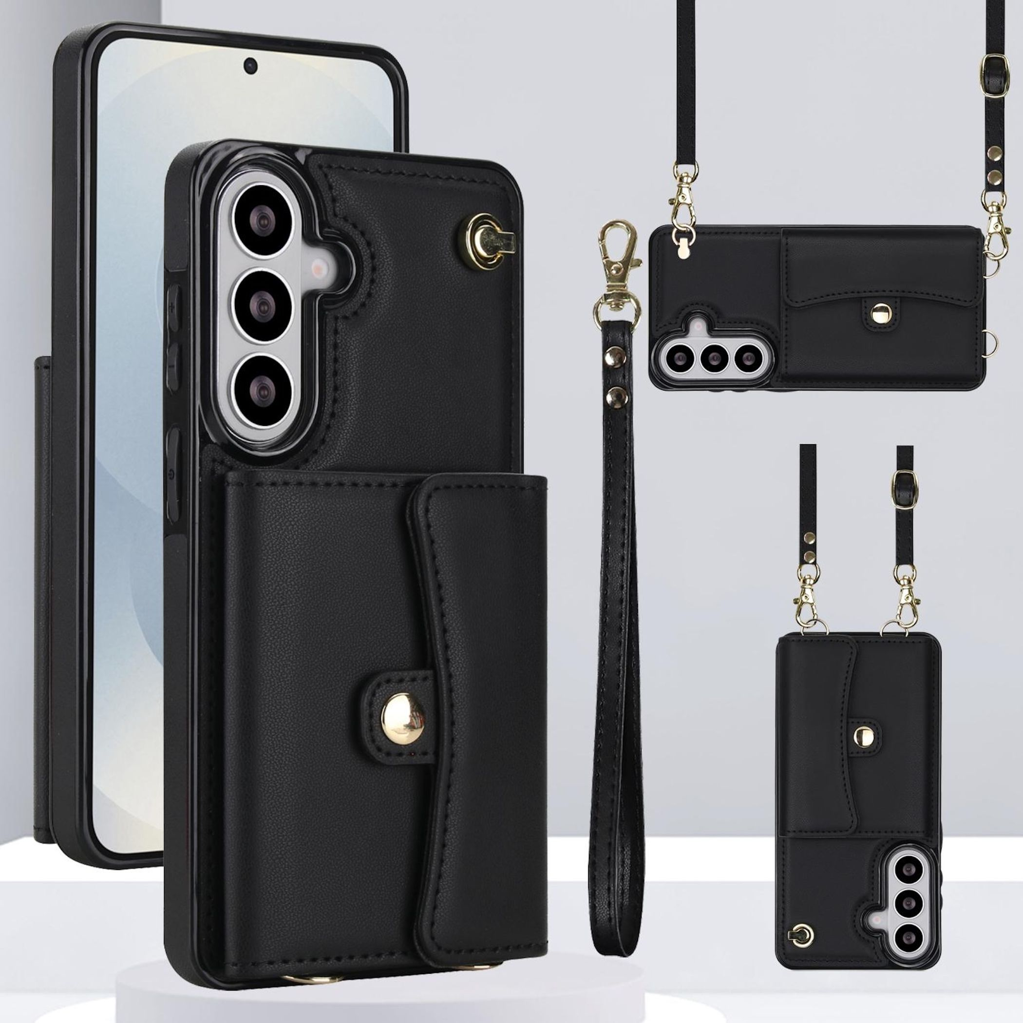 Funda negra para teléfono con billetera, ranura para tarjetas y correa.