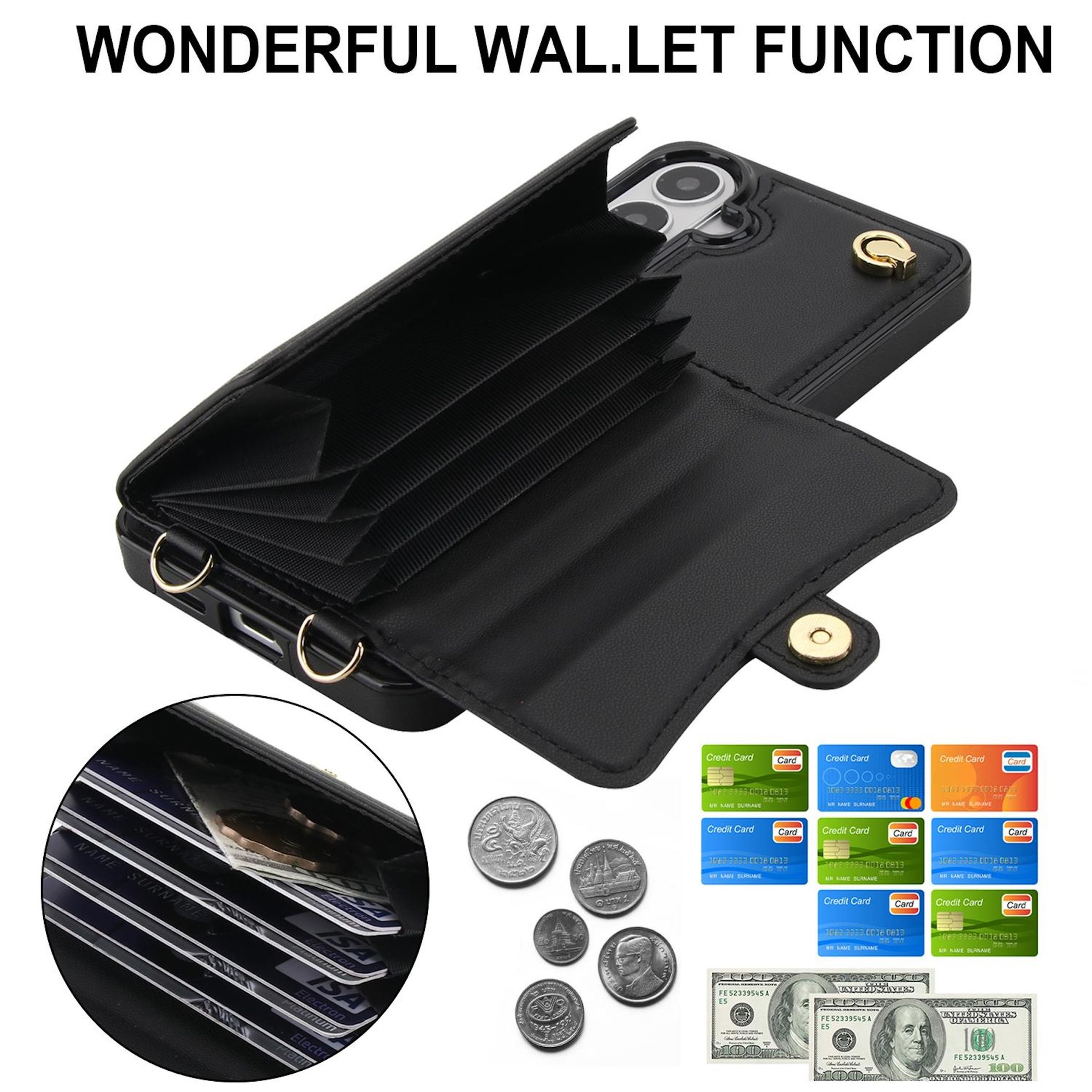 Cartera negra con ranuras para tarjetas, monedas, tarjetas de crédito y billetes.