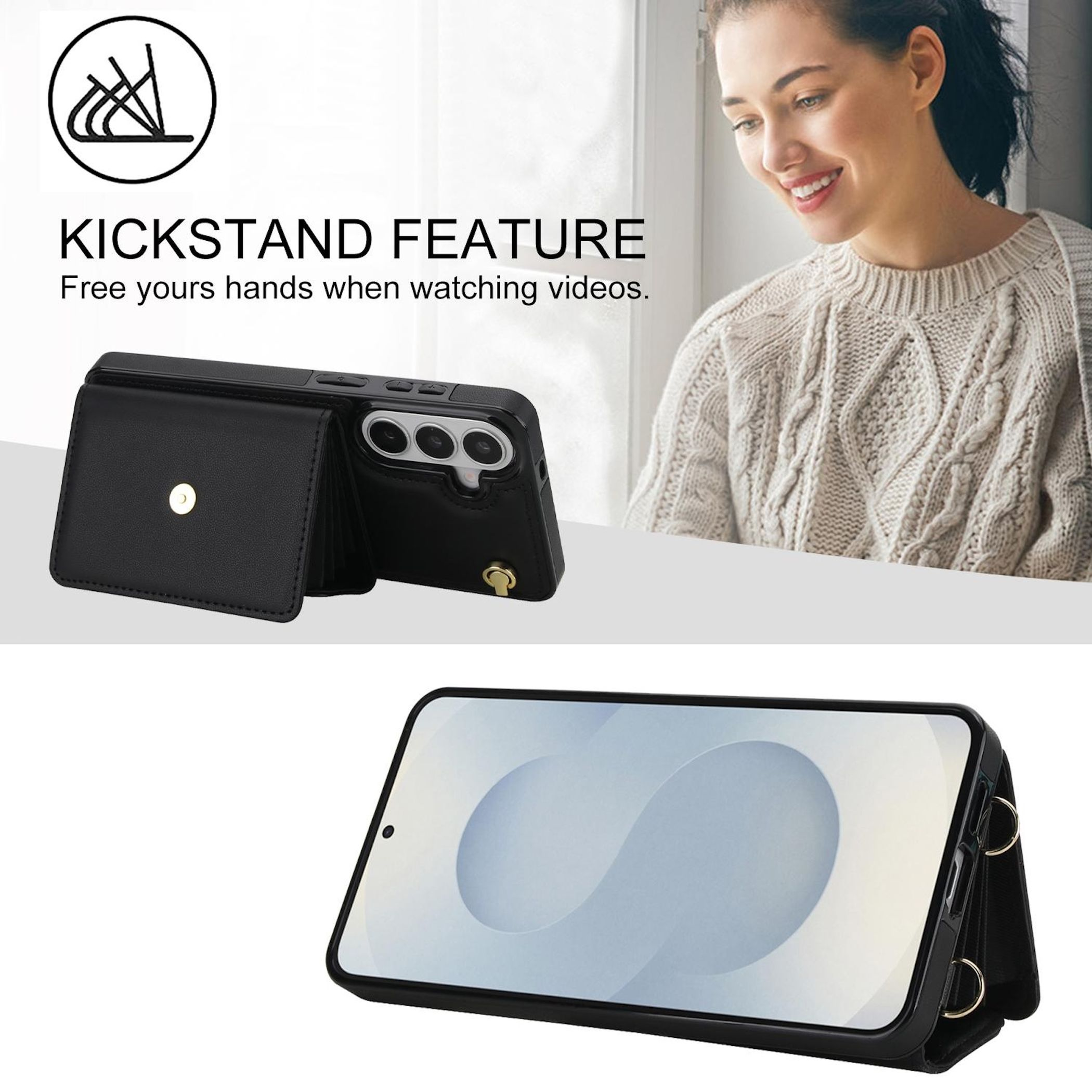 Funda negra para teléfono con función de soporte y una mujer al fondo.
