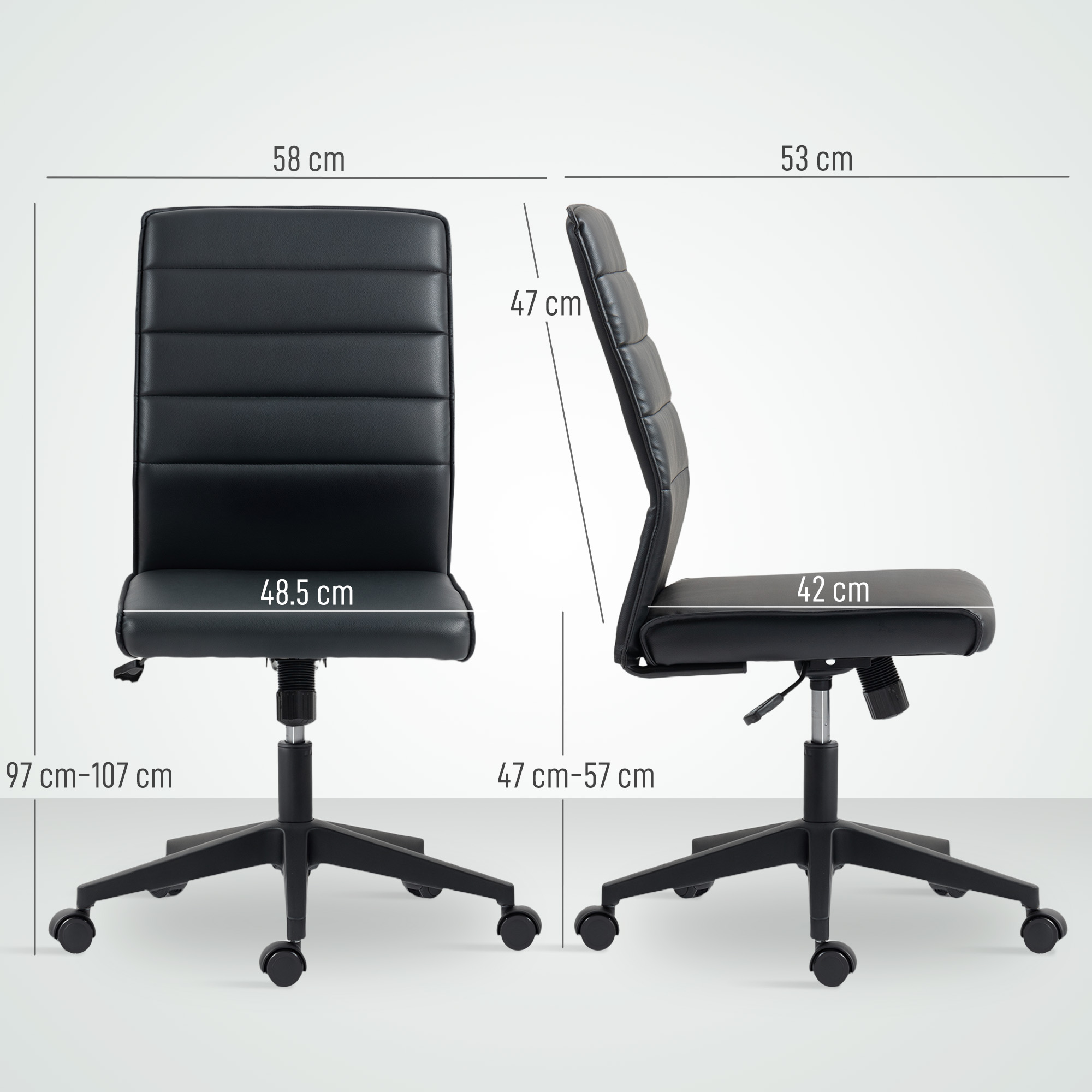 Sedia da ufficio nera con ruote, dimensioni indicate.