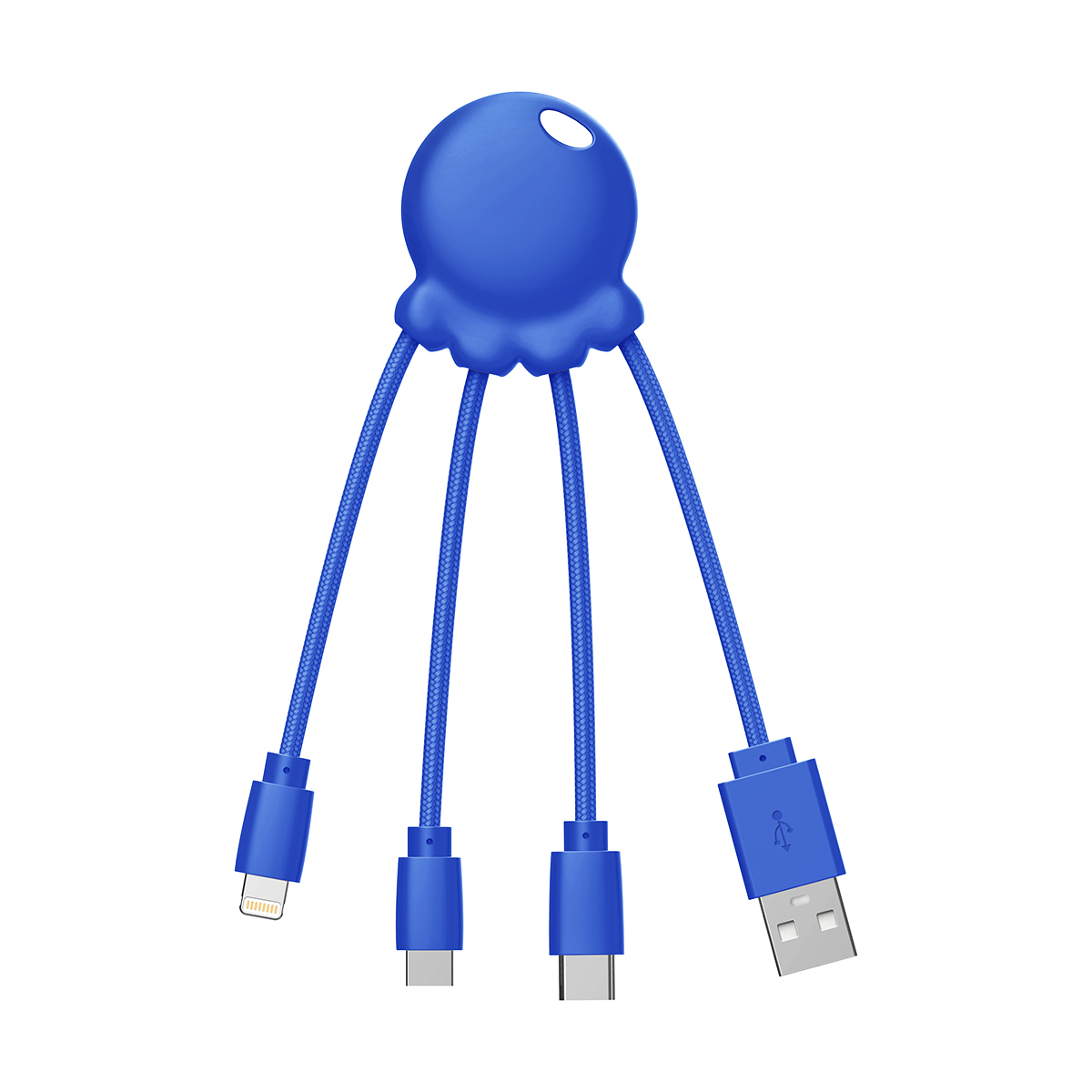 Un adattatore USB blu a forma di polpo con quattro cavi: Lightning, 2x USB-C, USB-A.