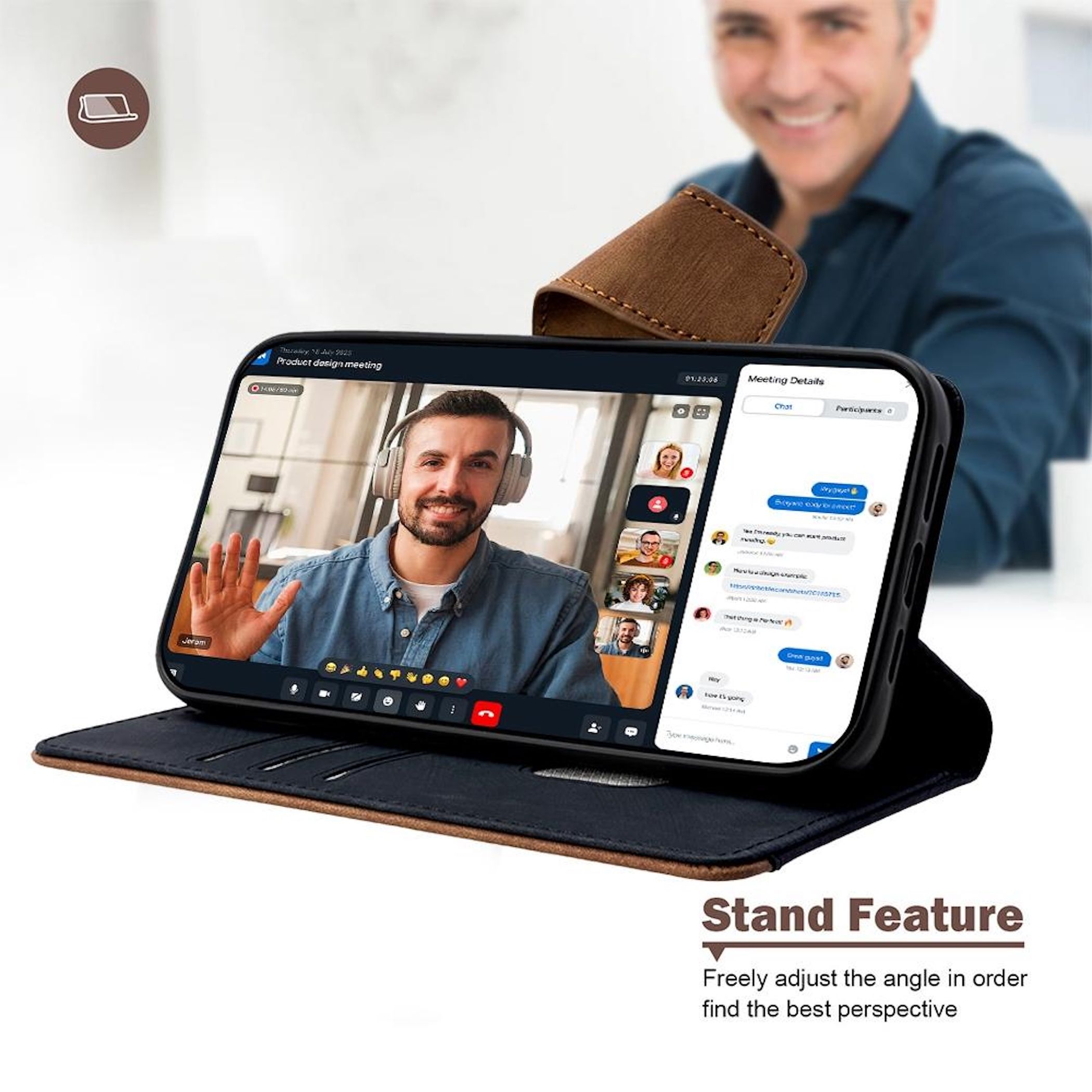 Telefon zeigt einen Videoanruf mit mehreren Teilnehmern. Text-Overlay sagt Stand Feature.
