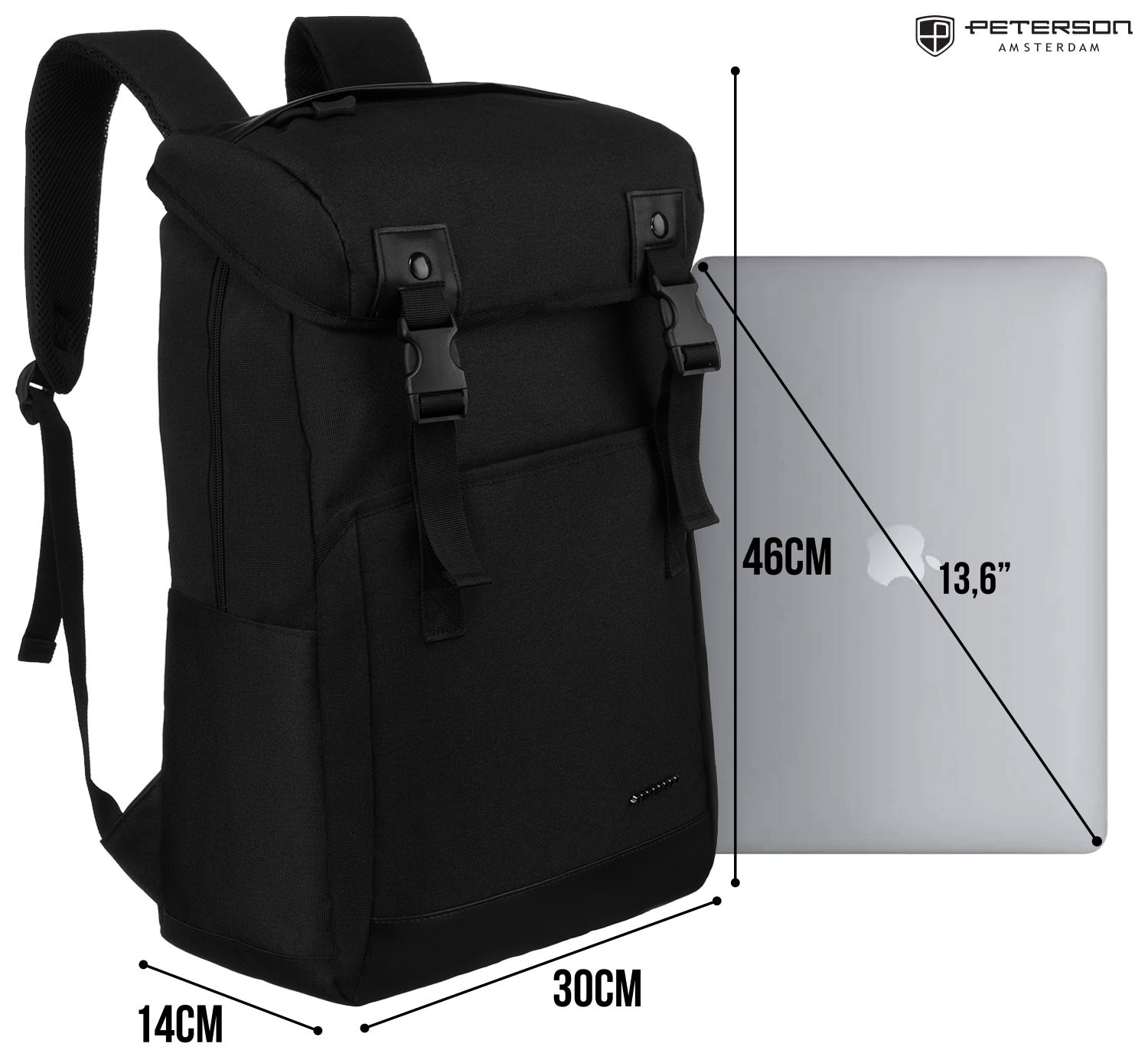 Czarny plecak z laptopem. Wymiary: 14x30x46cm. Laptop 13,6 cala.