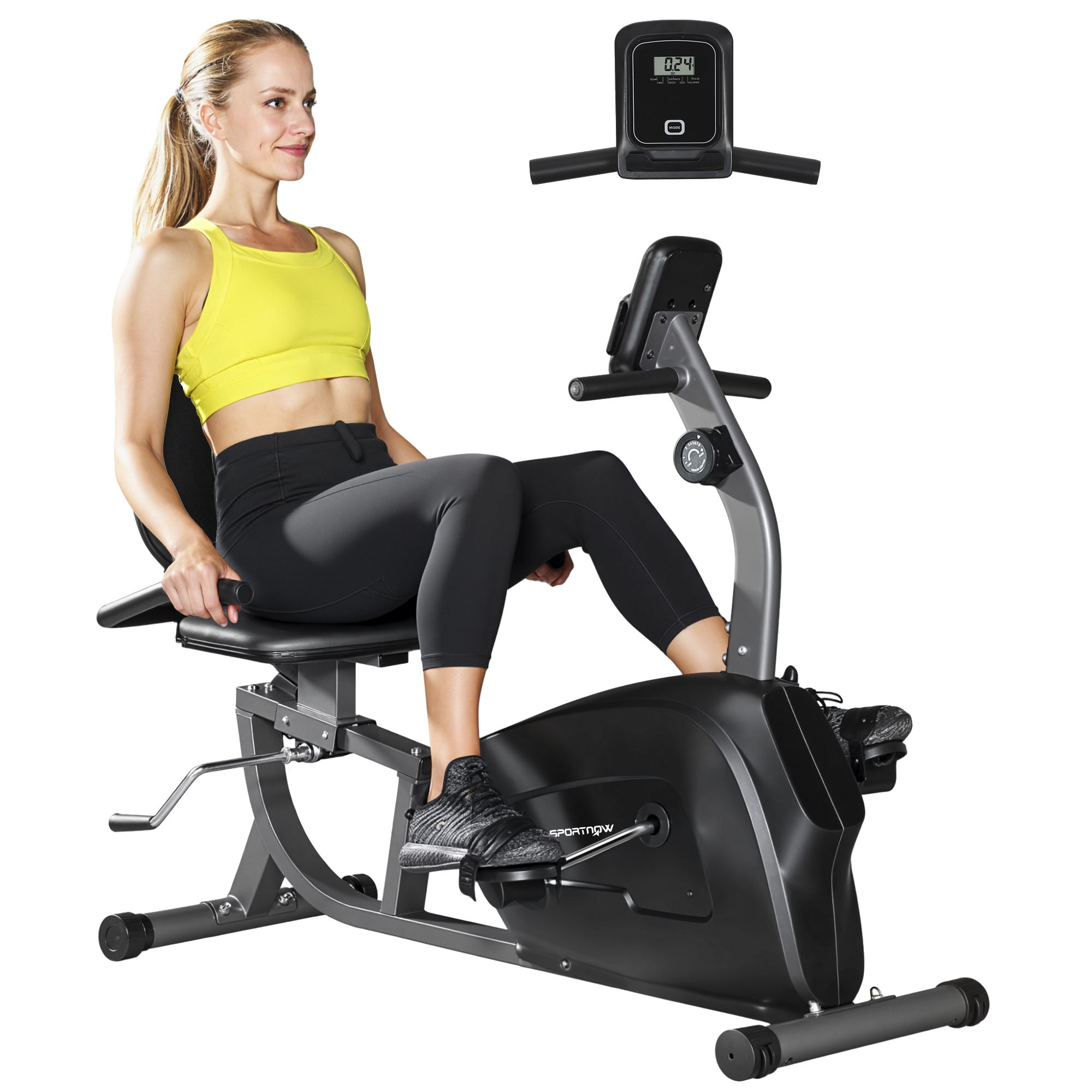 Donna su cyclette. Indossa un top sportivo giallo e leggings neri.