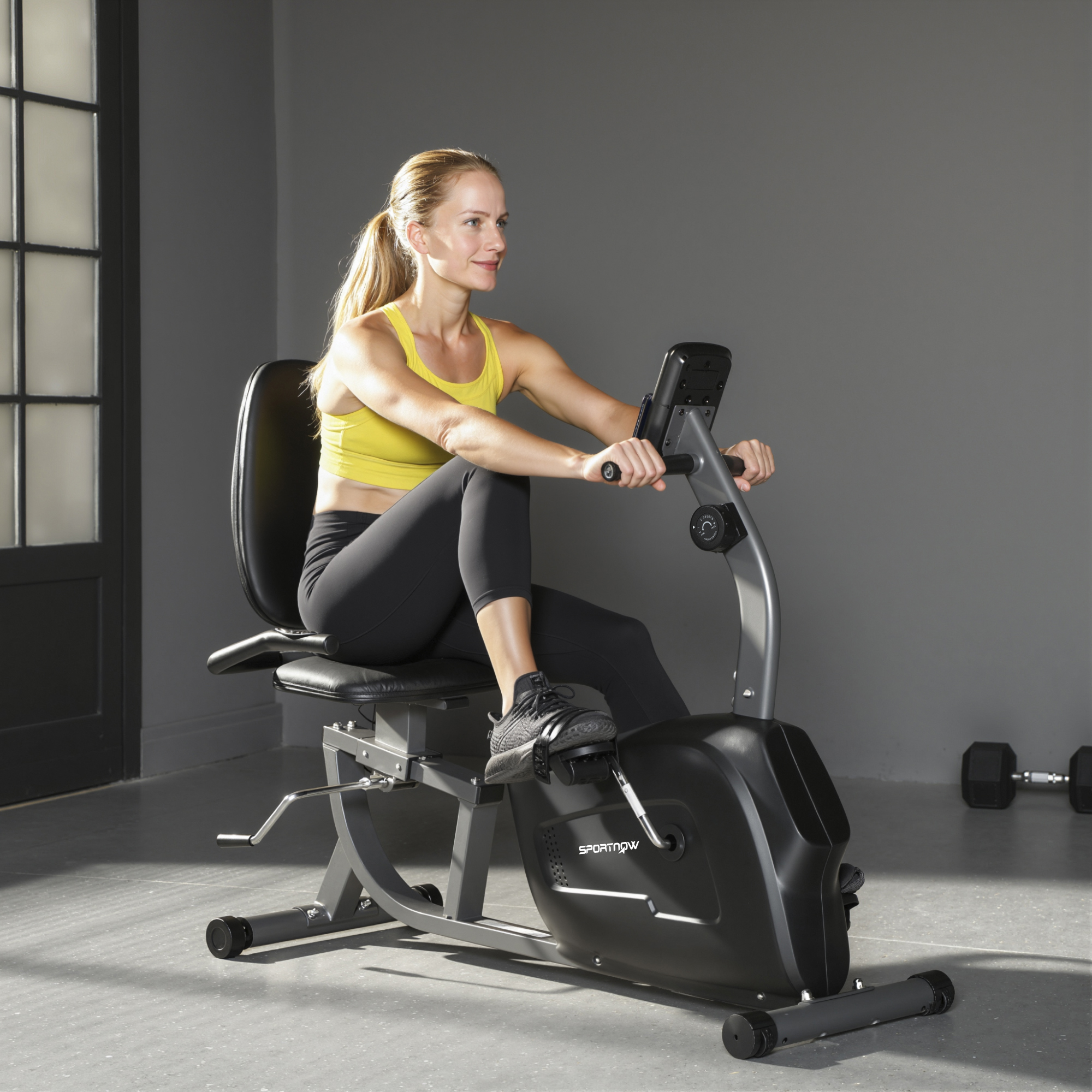 Una donna con top giallo e leggings neri si allena su una cyclette reclinata.