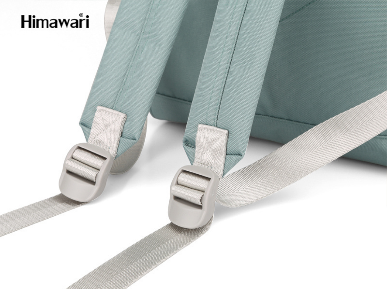 Zbliżenie dwóch jasnych zielonych szelek plecaka z szarymi klamrami i taśmami.