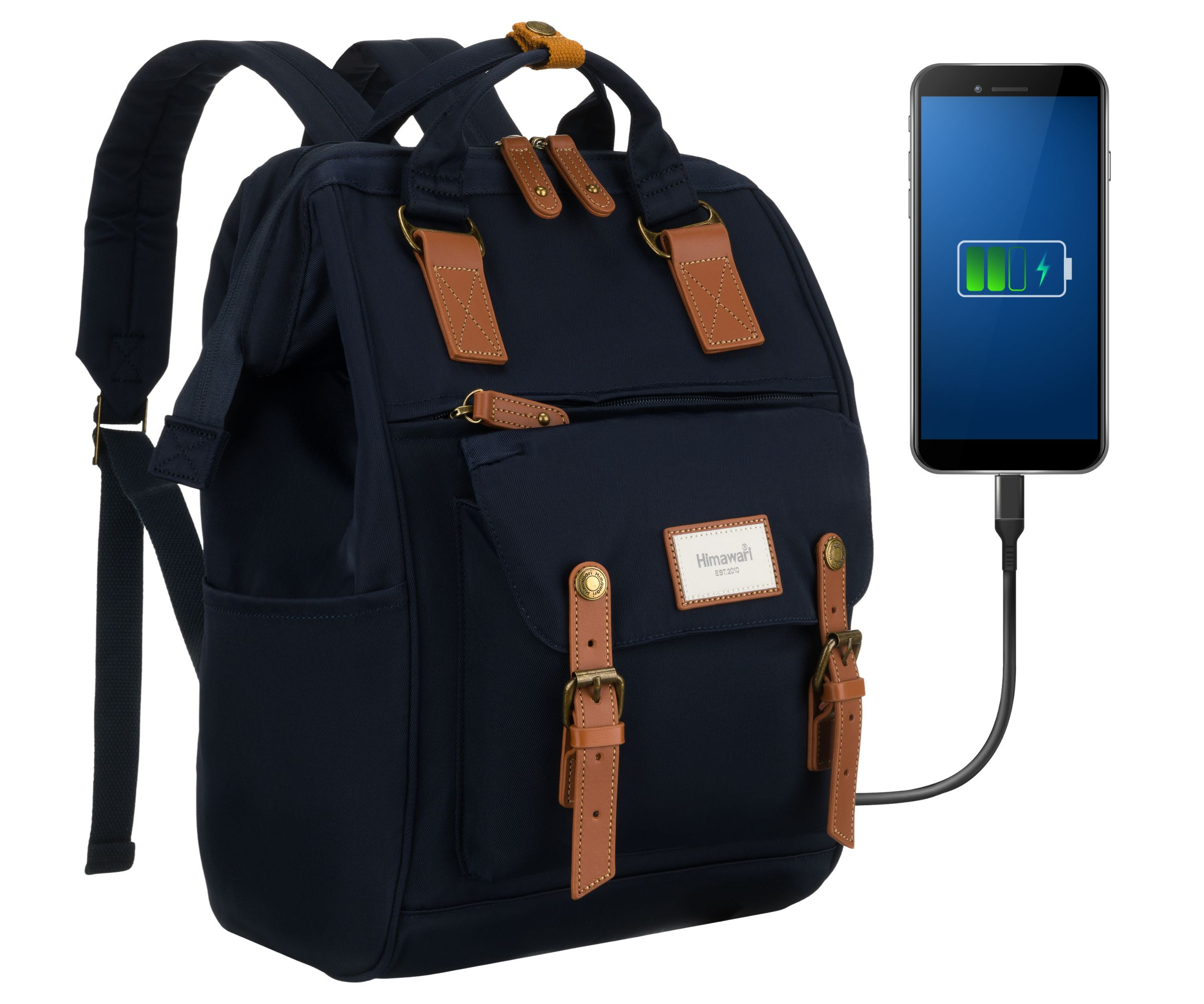 Granatowy plecak z brązowymi skórzanymi detalami, ładujący smartfon.