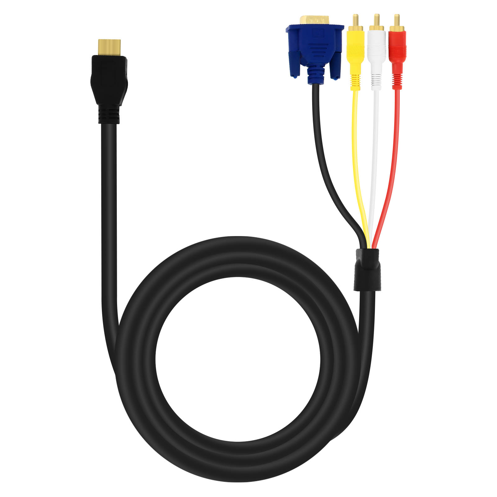 Un cavo nero con connettori HDMI, RCA e VGA blu. Sfondo bianco.