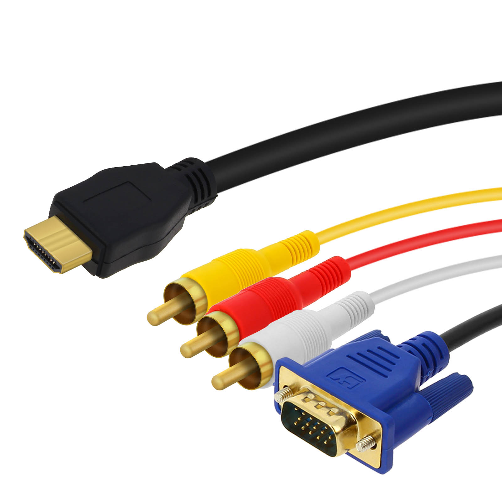 Cavi HDMI, RCA (giallo, rosso, bianco) e VGA con connettori dorati.
