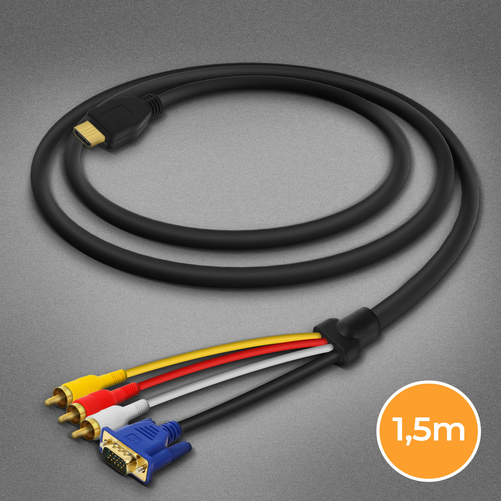Un cavo HDMI nero con connettori RCA RGB e VGA. 1,5m.
