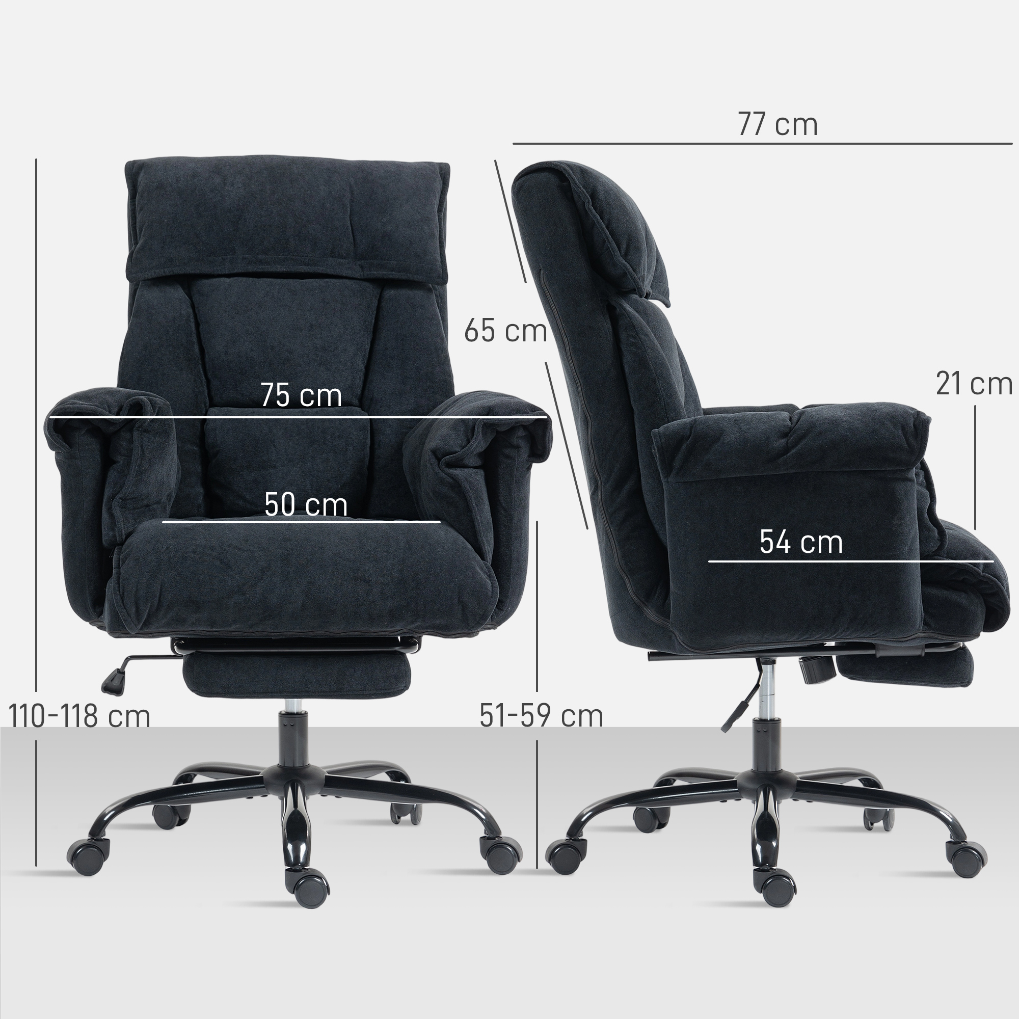 Sedia da ufficio grigio scuro con dimensioni: altezza 110-118 cm, larghezza 75 cm, profondità 54 cm.