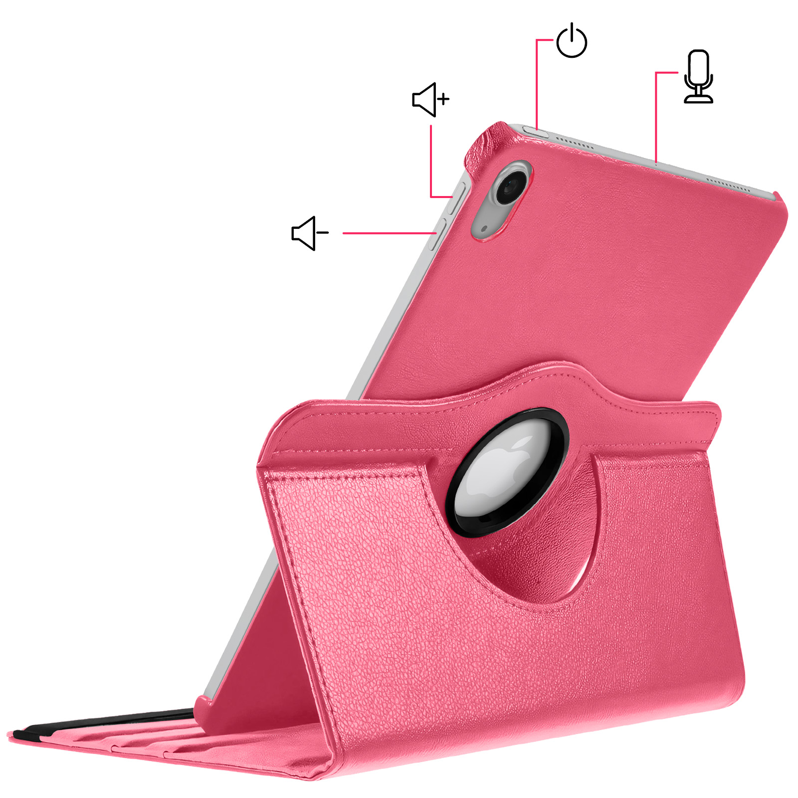 Ein rosa Tablet-Ständer mit einem Tablet und Symbolen für Lautstärke und Strom.