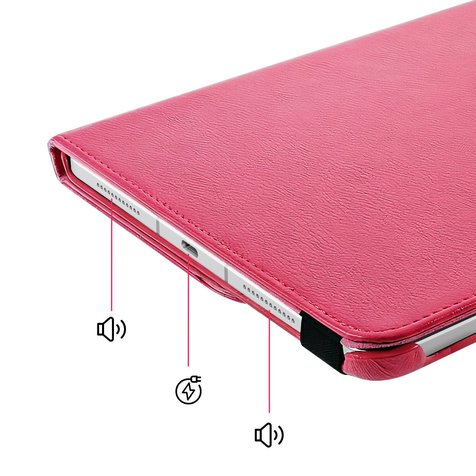 Ein pinkes Tablet mit Schutzhülle, das eine Ladebuchse und Lautsprecher zeigt.
