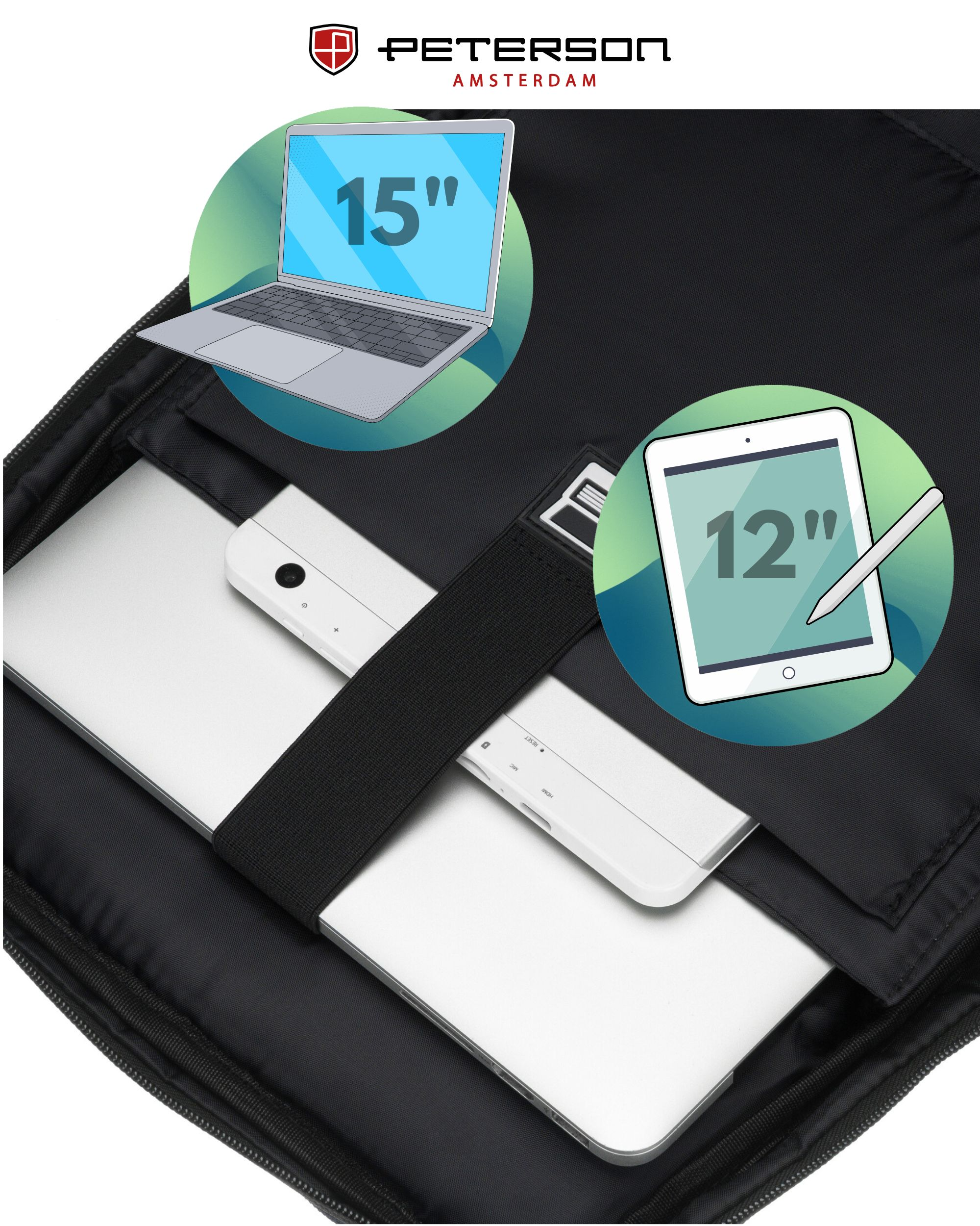 Laptop 15-calowy i tablet 12-calowy w czarnej torbie.