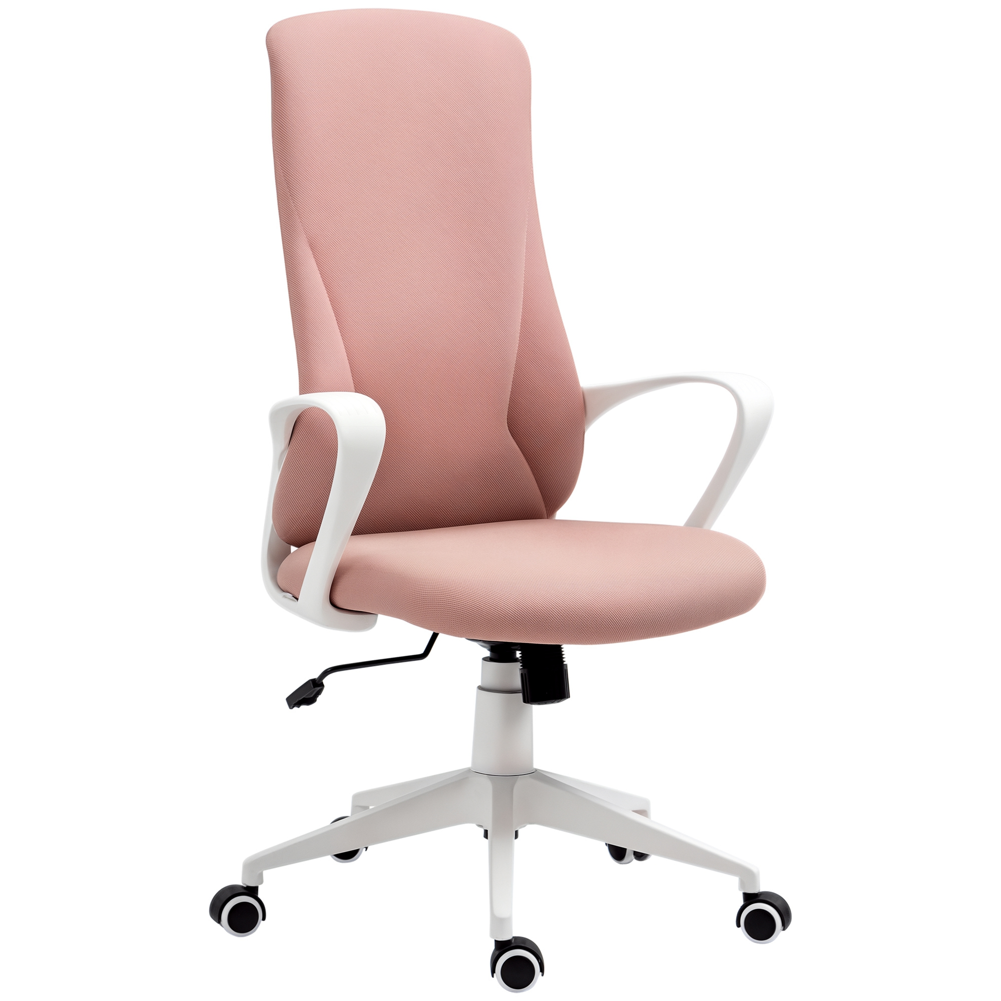 Una sedia da ufficio rosa con braccioli bianchi e base bianca con rotelle.