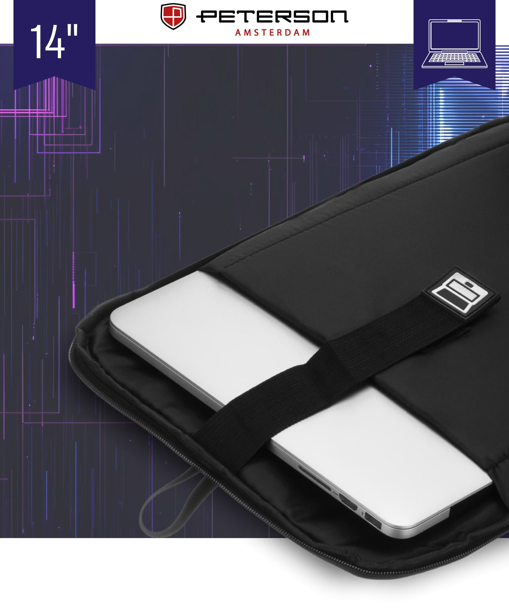 Czarna torba na laptopa z srebrnym laptopem i logo marki.