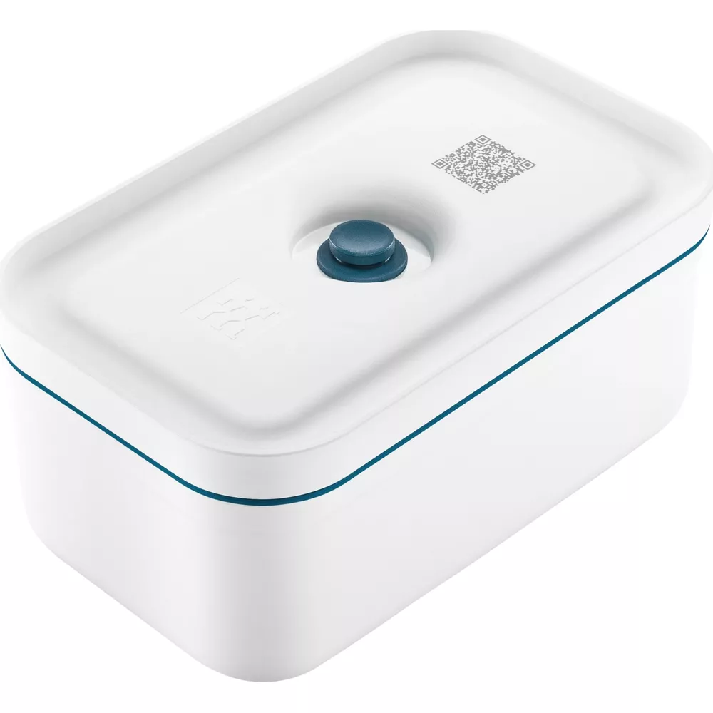Contenitore rettangolare bianco con pomello blu e codice QR sul coperchio.