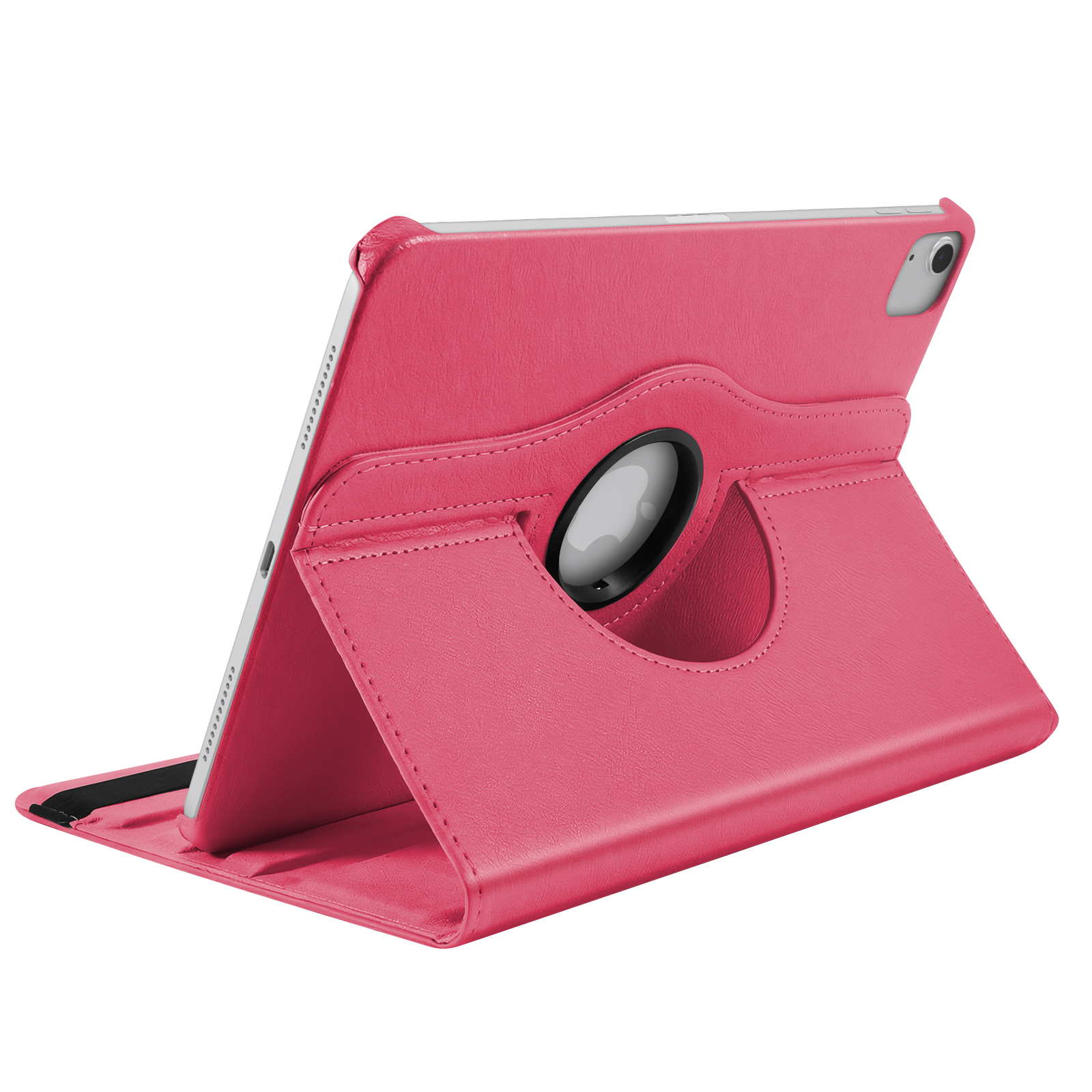 Ein pinkes Tablet in einer drehbaren Hülle, die als Ständer dient.
