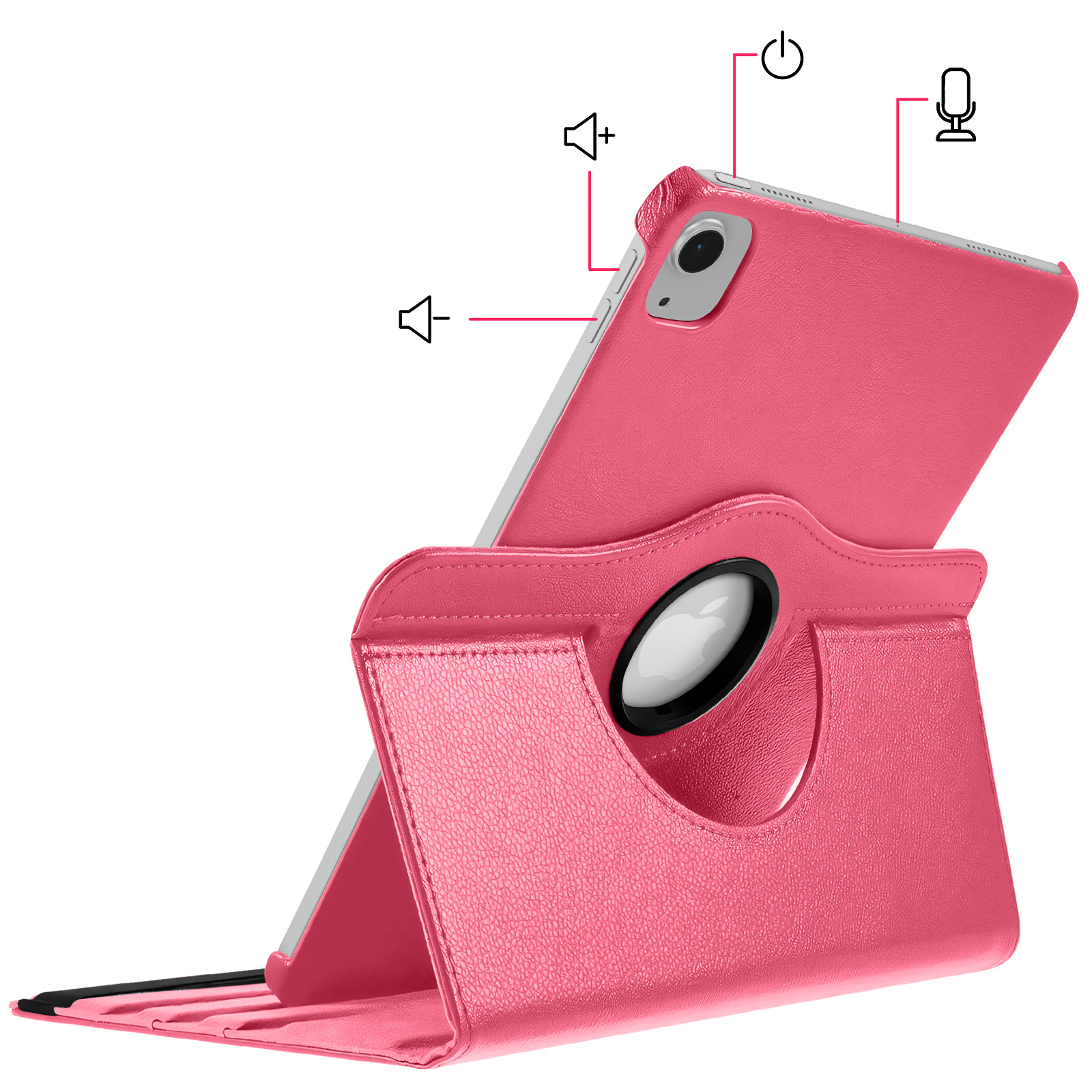 Ein pinkes Tablet in einer Hülle mit Symbolen für Lautstärke, Ein/Aus und Mikrofon.