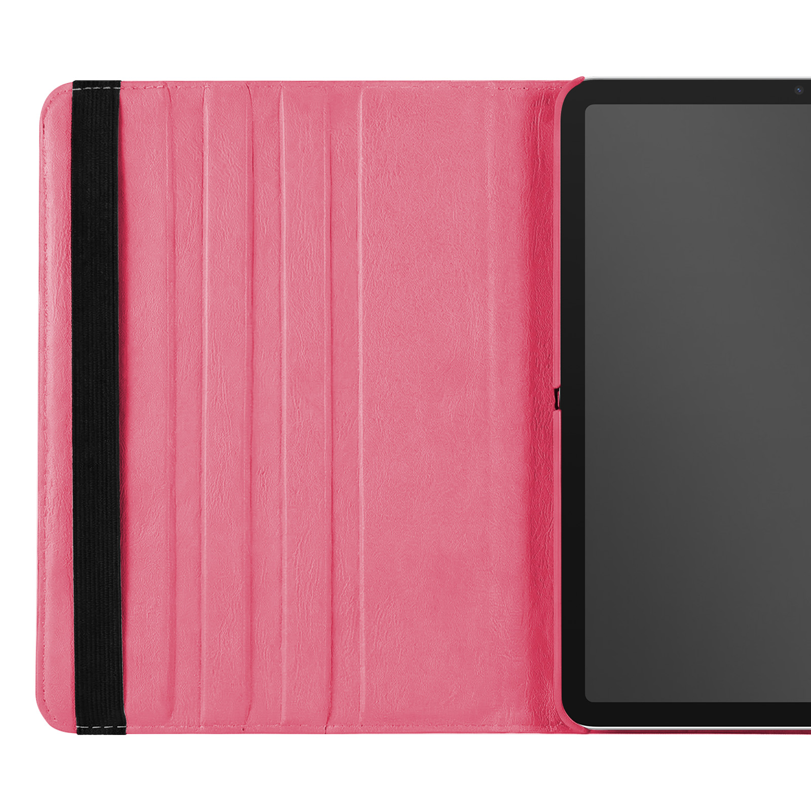 Eine pinke Tablet-Hülle mit schwarzen Gummibändern und Steckplätzen für Karten.
