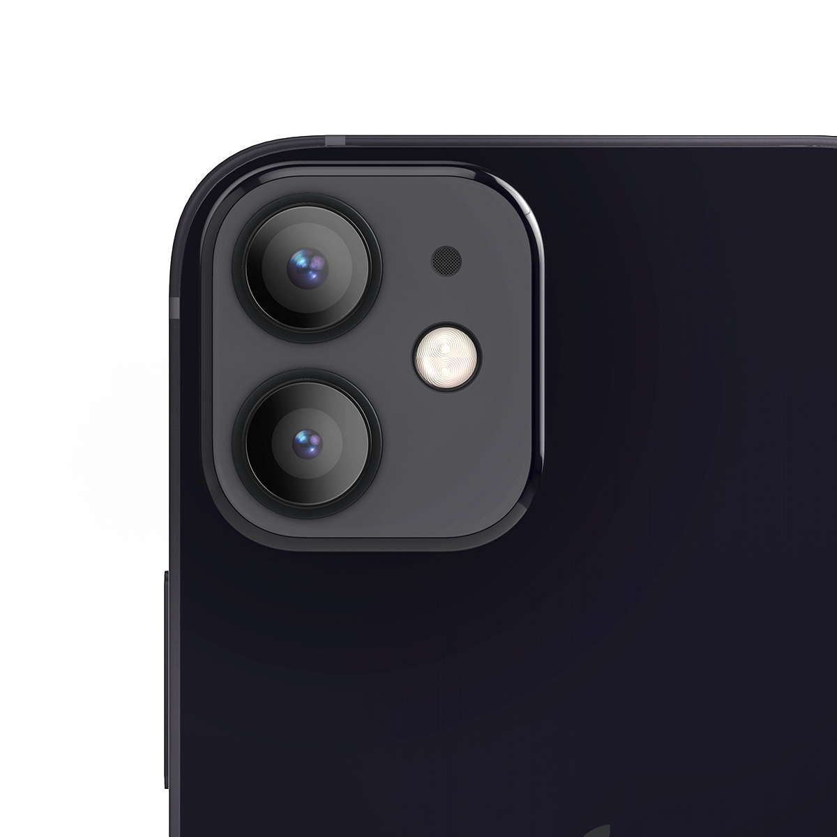 Close-up van een donkere iPhone cameramodule met twee lenzen en flitser.