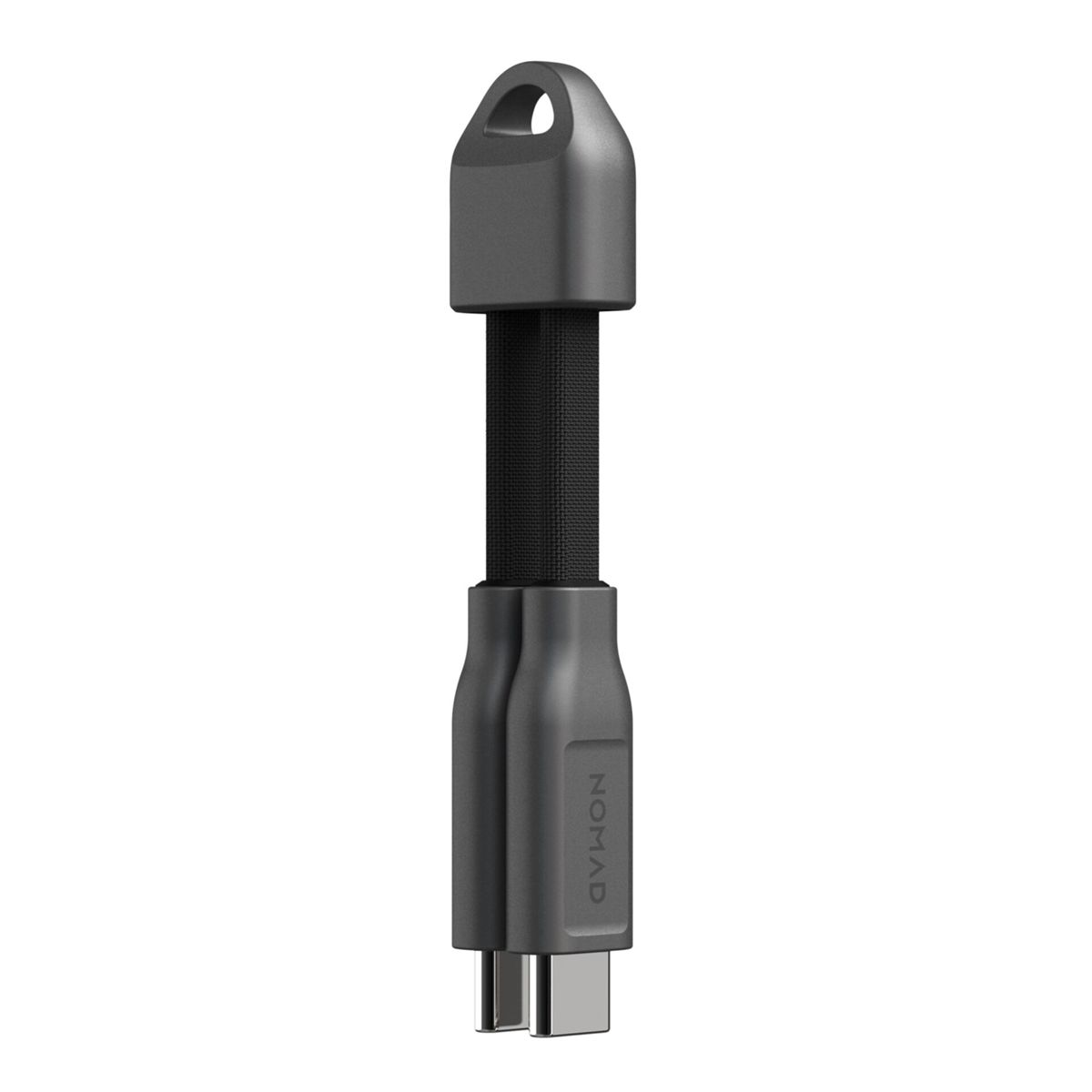 Un cavo di ricarica grigio con connettore USB-C e portachiavi.