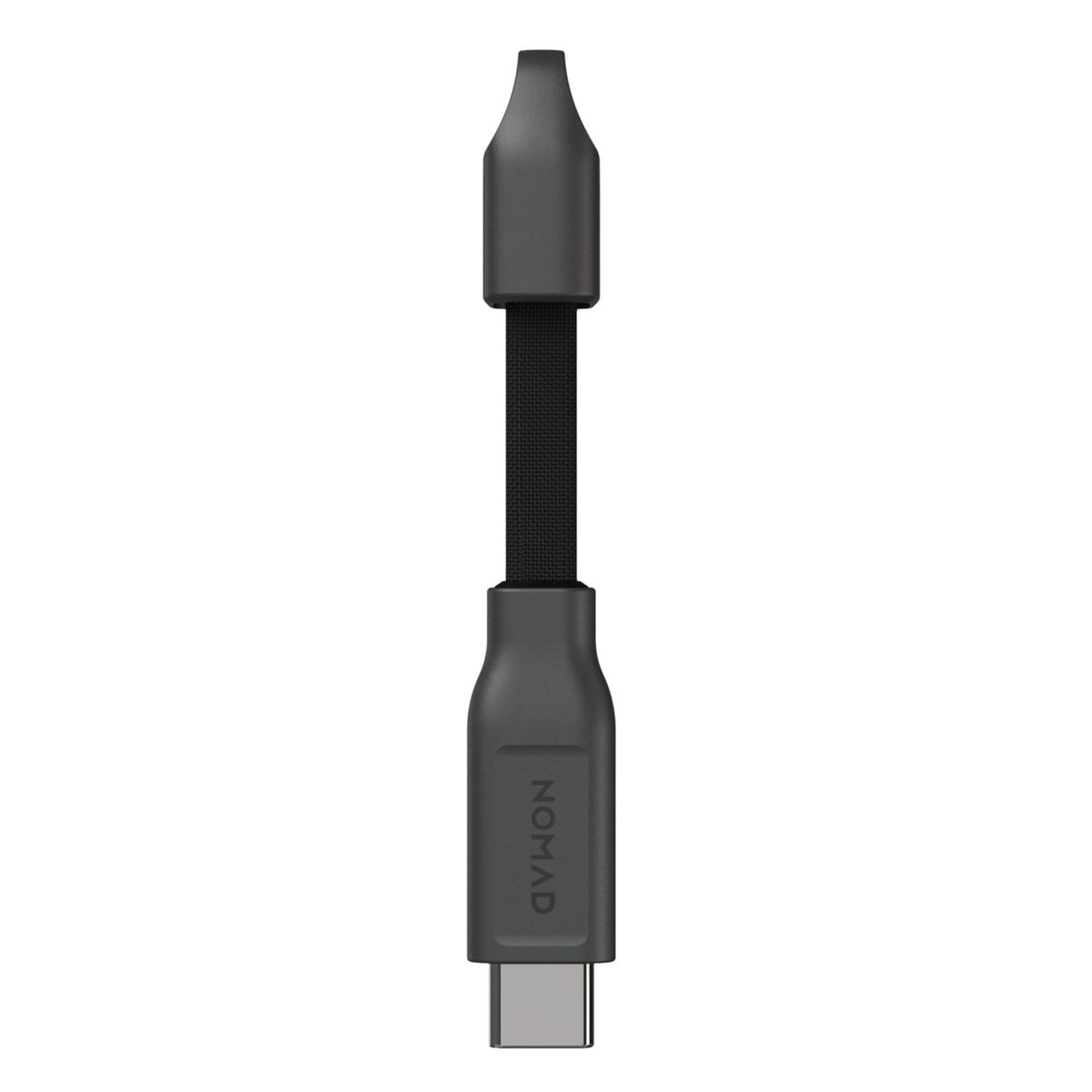 Un adattatore USB-C grigio scuro con cavo in tessuto e connettore sottile.