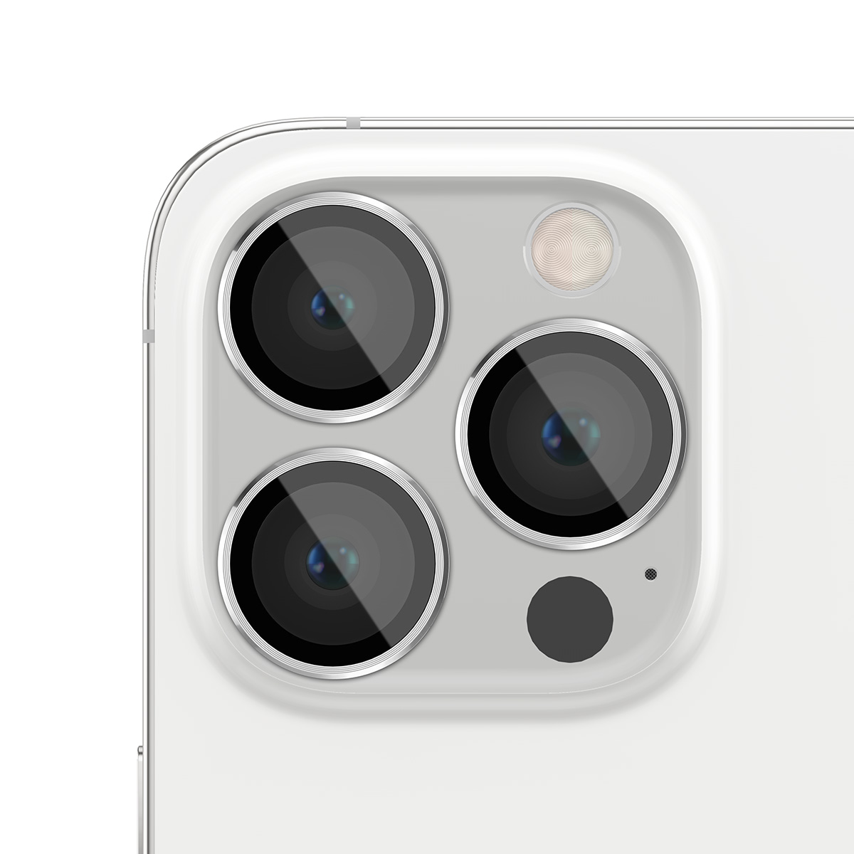 Primo piano del modulo fotocamera posteriore di uno smartphone bianco con tre lenti.