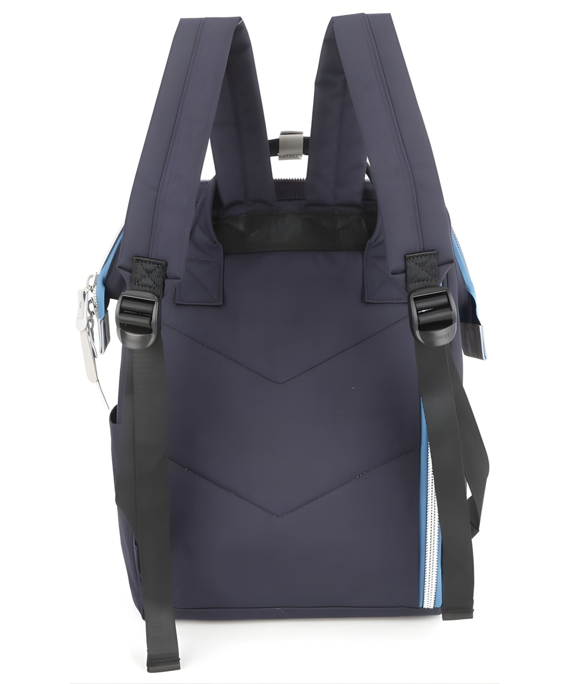 Granatowy plecak z czarnymi paskami i detalami zamka.