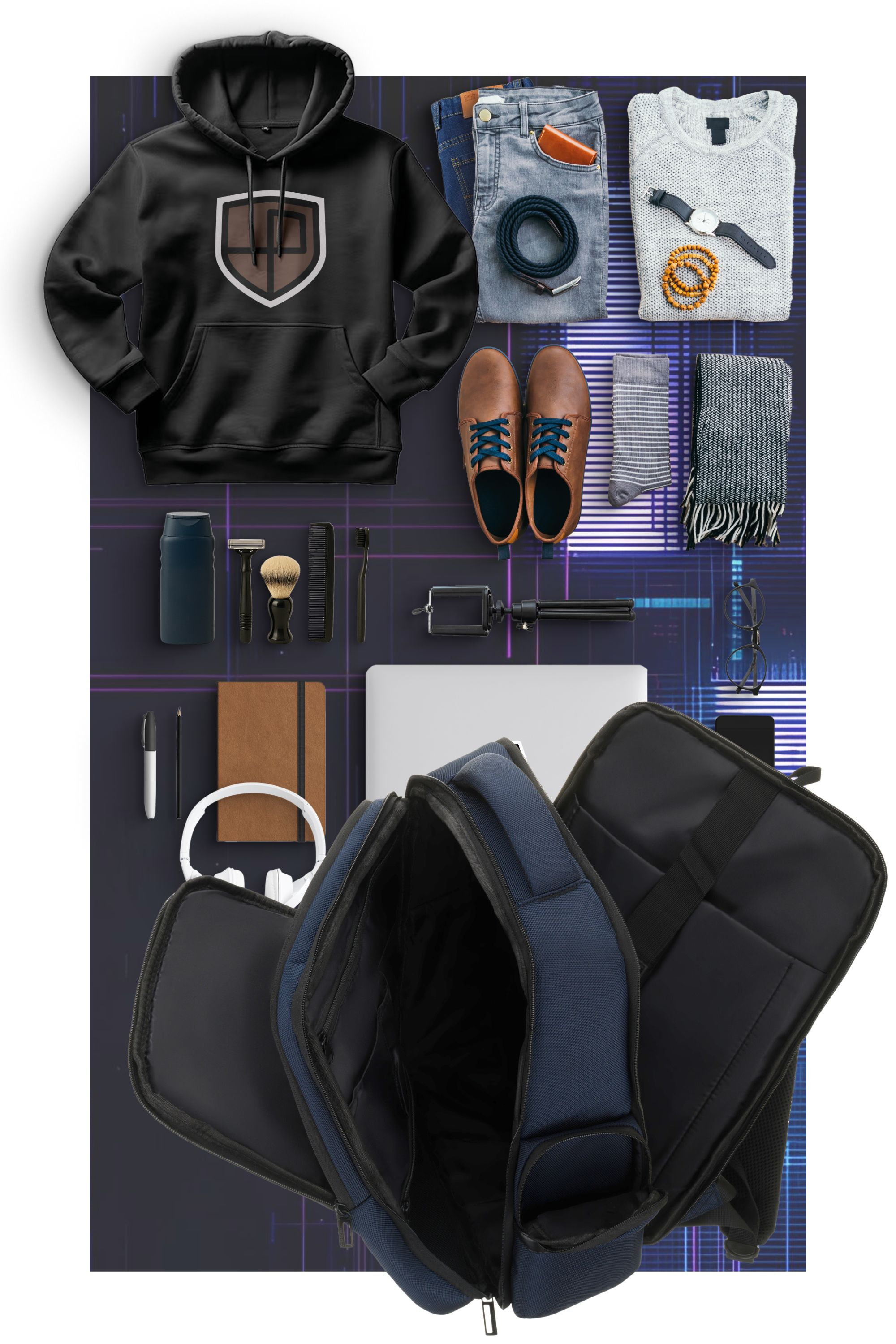 Czarna bluza, dżinsy, pasek, buty, sweter, skarpetki, szalik, plecak, laptop, słuchawki.