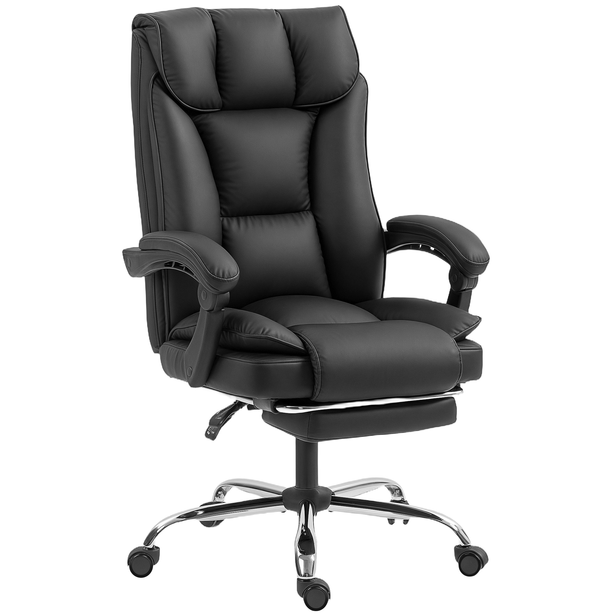 Sedia da ufficio nera con schienale alto, base cromata e rotelle.