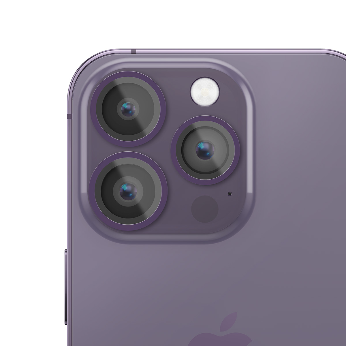 Primo piano del retro di un iPhone viola con tre fotocamere e flash.
