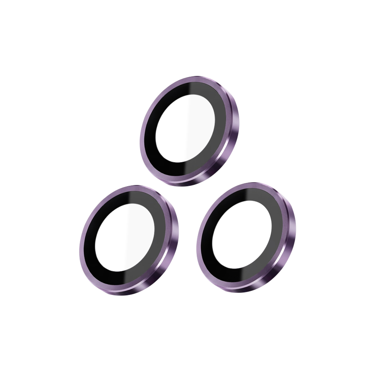 Tre anelli viola con centri neri su sfondo bianco.