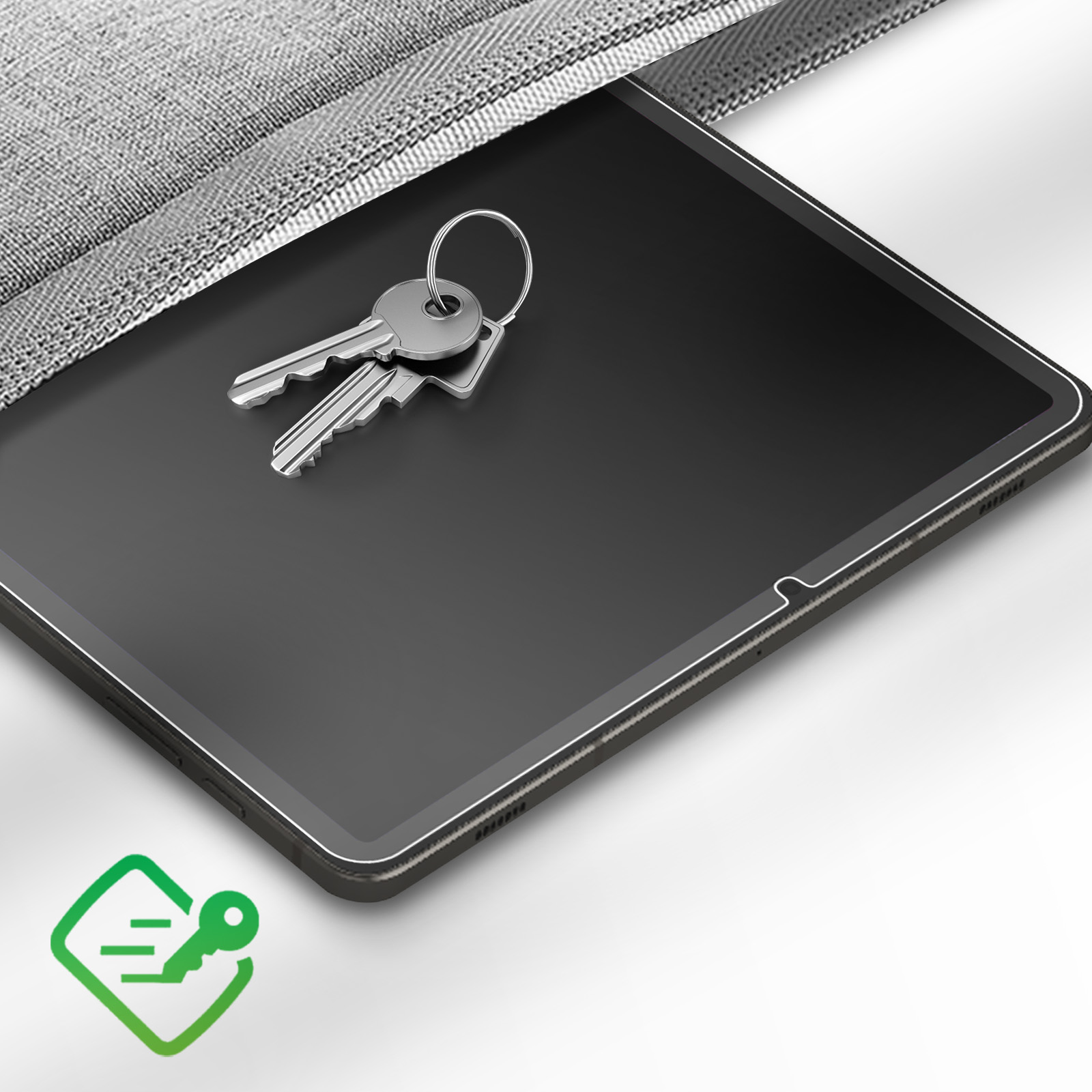 Een tablet met twee sleutels erop, naast een groen logo.