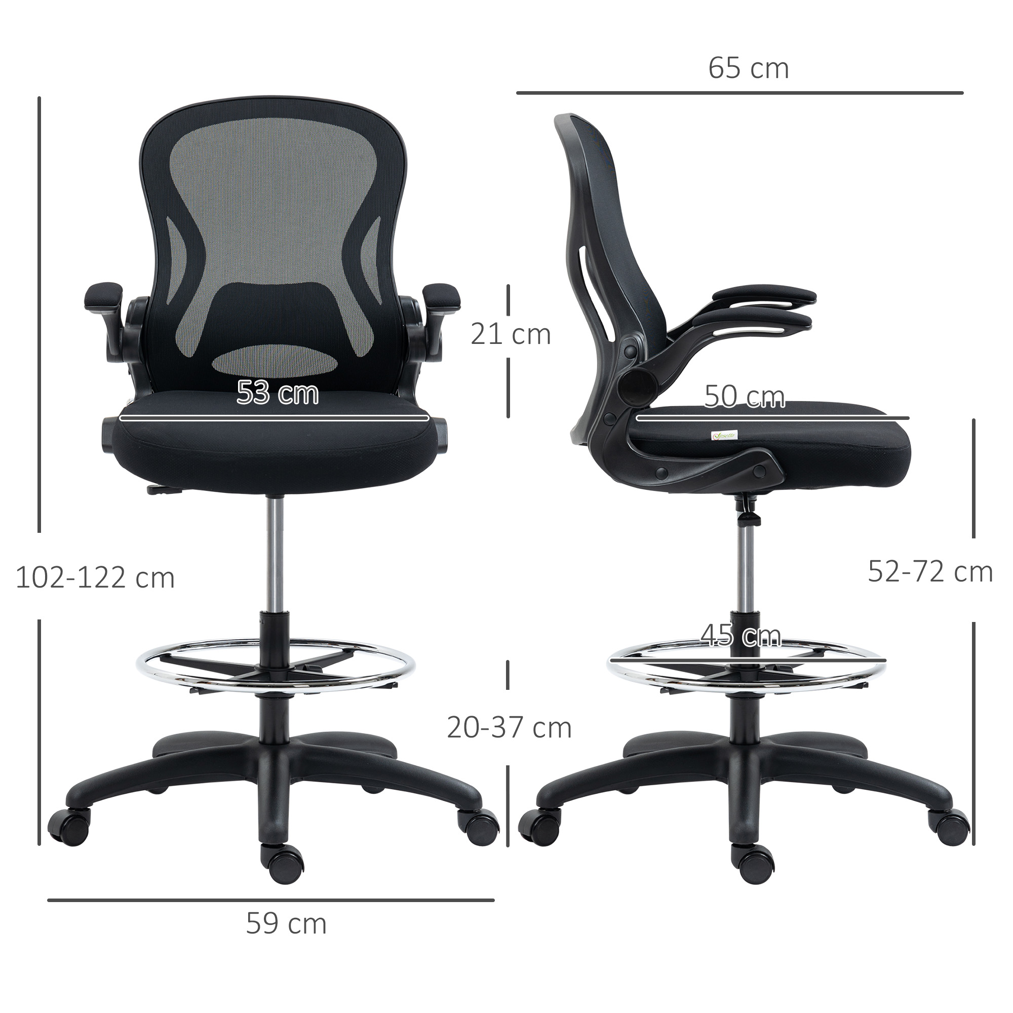 Due viste di una sedia da ufficio nera con dimensioni e ruote.