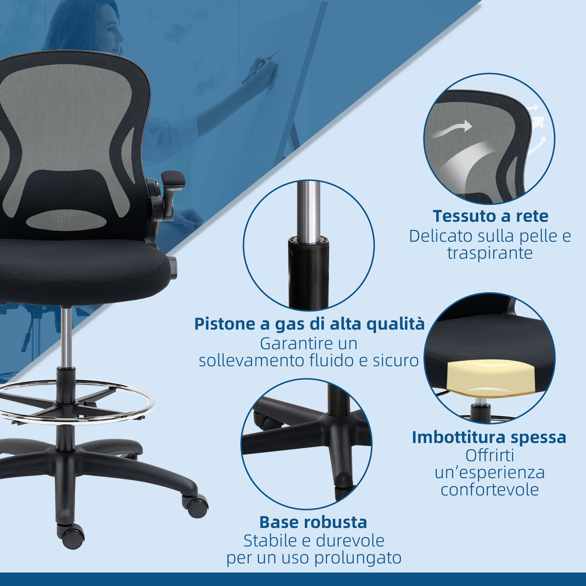 Una sedia da ufficio nera con schienale in rete e sedile imbottito. I dettagli evidenziano alzagancio, base e imbottitura.