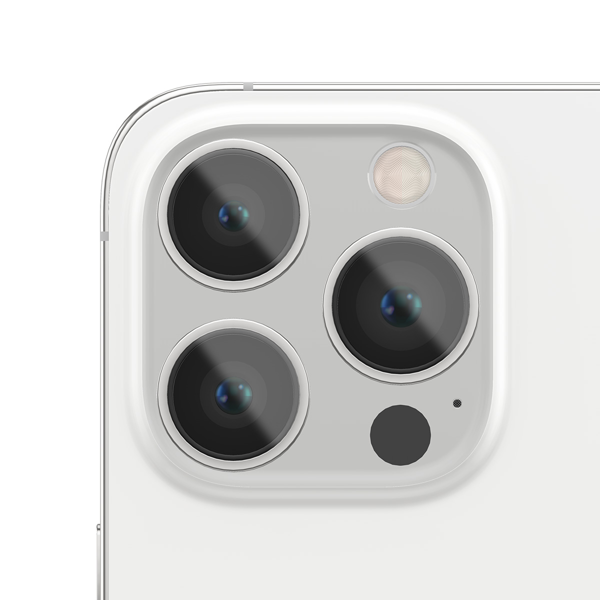 Close-up van de achterkant van een witte smartphone met drie cameralenzen.