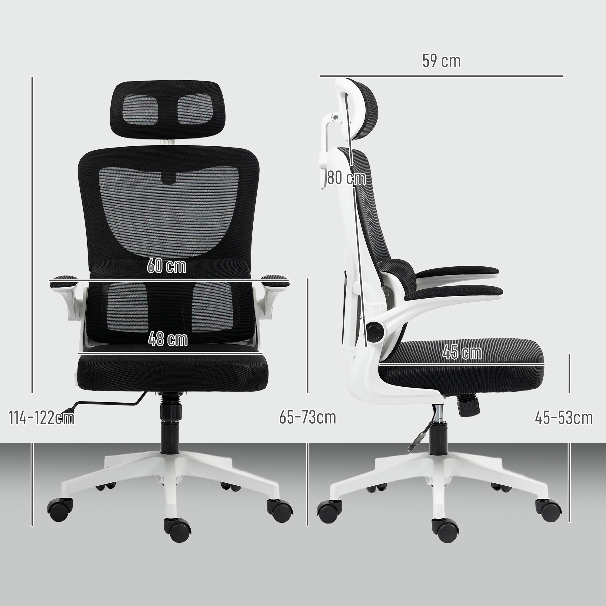 Una sedia da ufficio nera con accenti bianchi e dimensioni, su sfondo grigio.