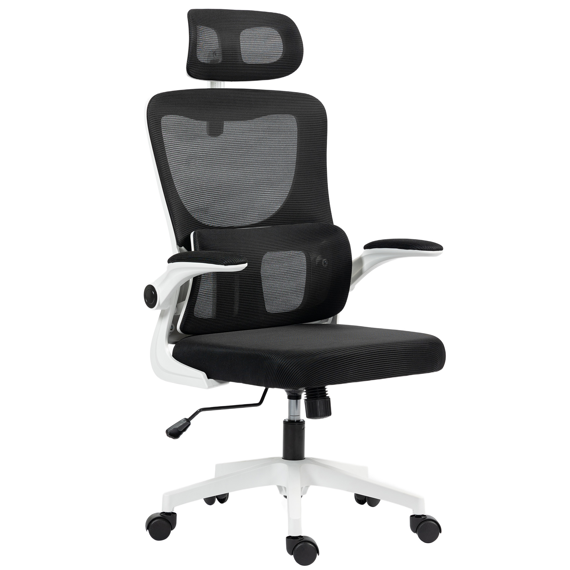 Una sedia da ufficio nera con telaio bianco, schienale in rete e poggiatesta regolabile.